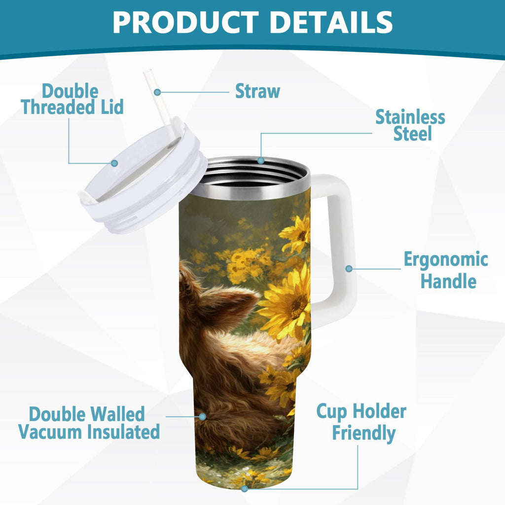 40 oz Insulated Stainless Steel Tumbler Double Wall Stainless Steel Tumbler with 2-Way Drinking Cow Lying in Sunflowers C665L