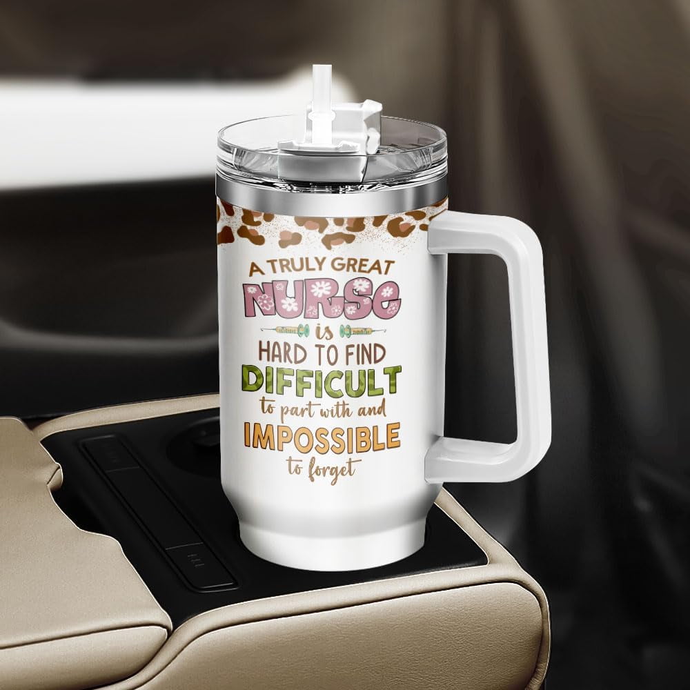 Tumbler 40 Oz With Handle Lid And Straw, Nurse Gifts, Black Camo White Engraved Print Travel Nurses Tumblers Handle Funny Cups Nursing For, Great Nurse Rainbow Daisy Flower C683A