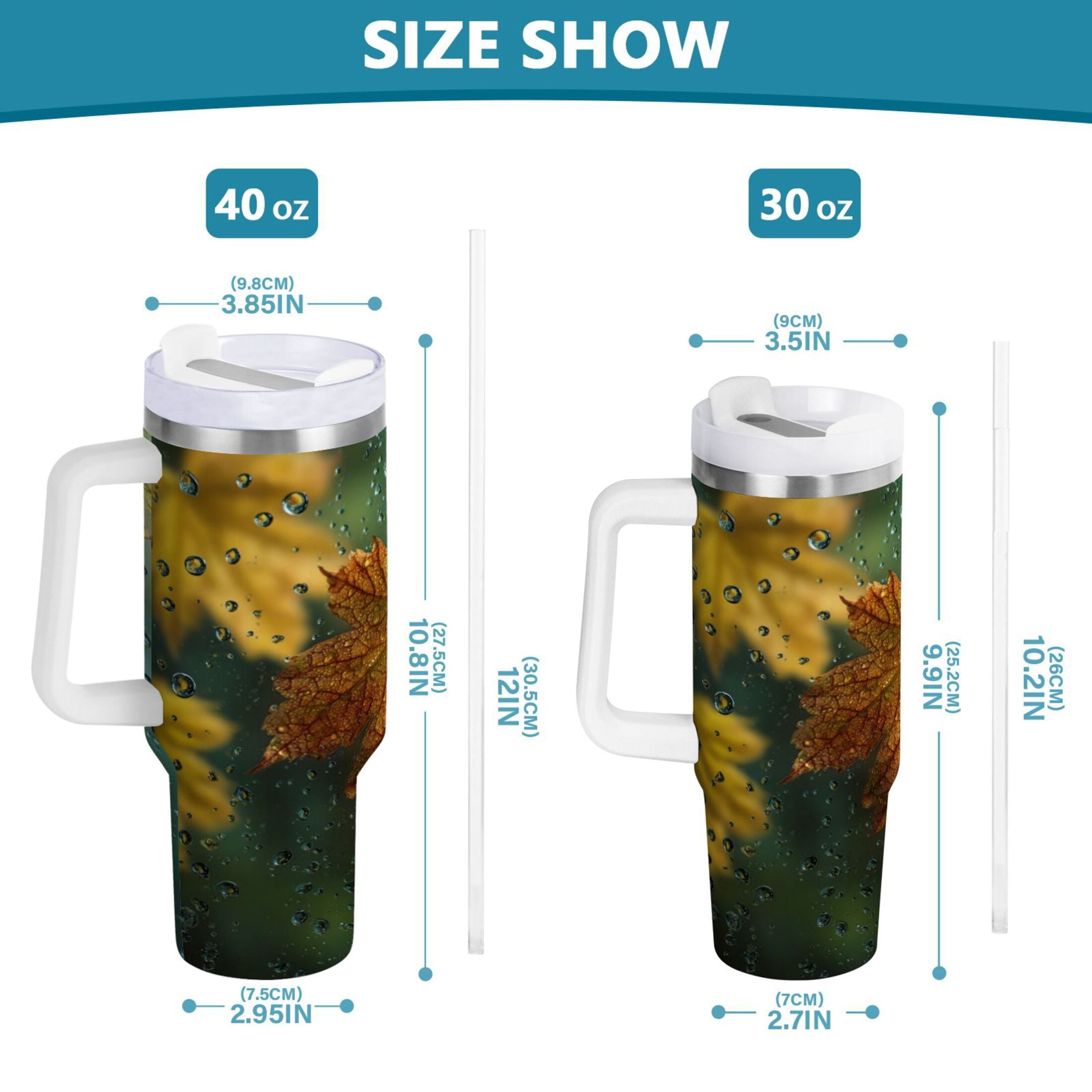 30 oz Insulated Stainless Steel Tumbler Double Wall Stainless Steel Tumbler with 2-Way Drinking Leaves with Water Droplets C500B