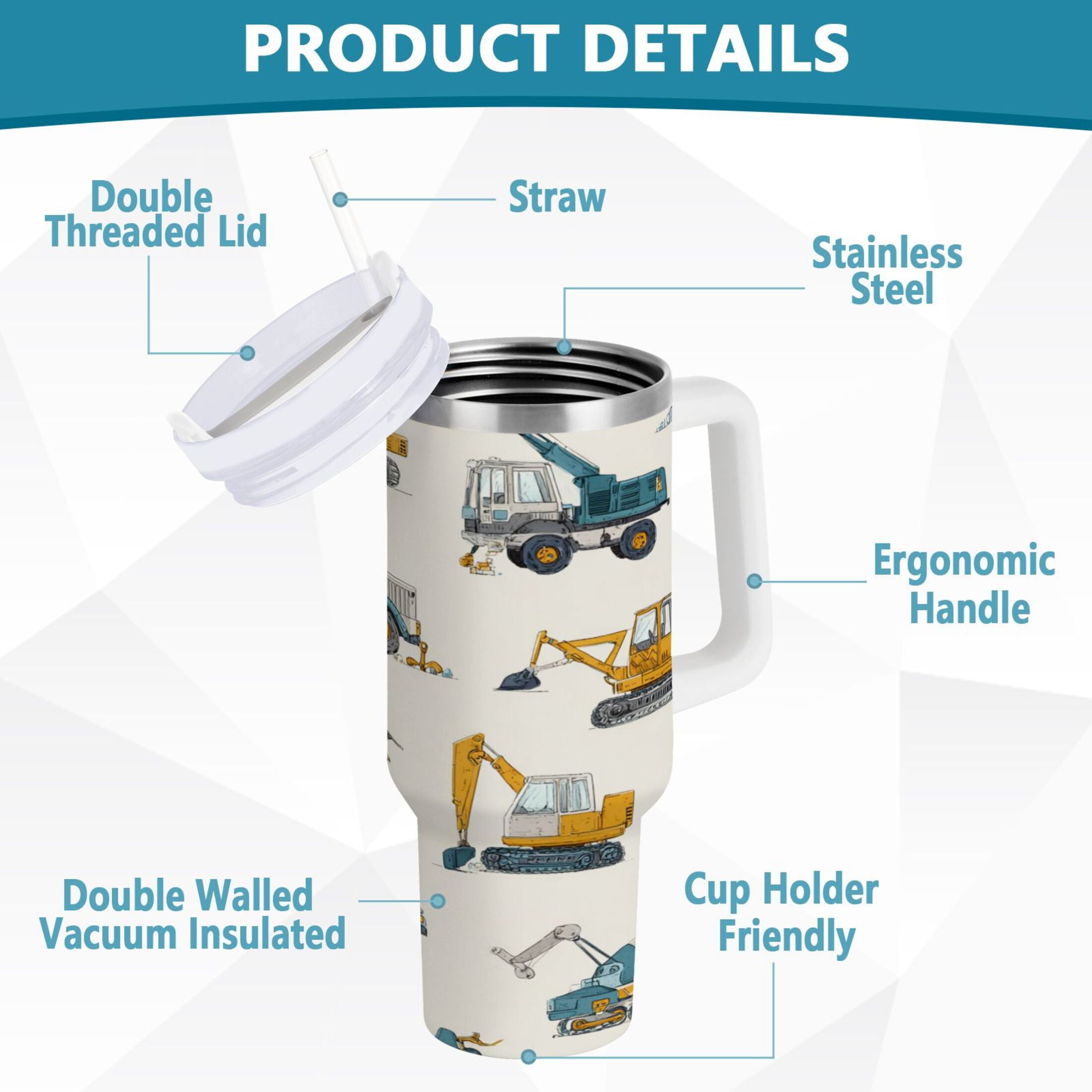 30 oz Insulated Stainless Steel Tumbler Double Wall Stainless Steel Tumbler with 2-Way Drinking Engineering Vehicle Pattern C653E