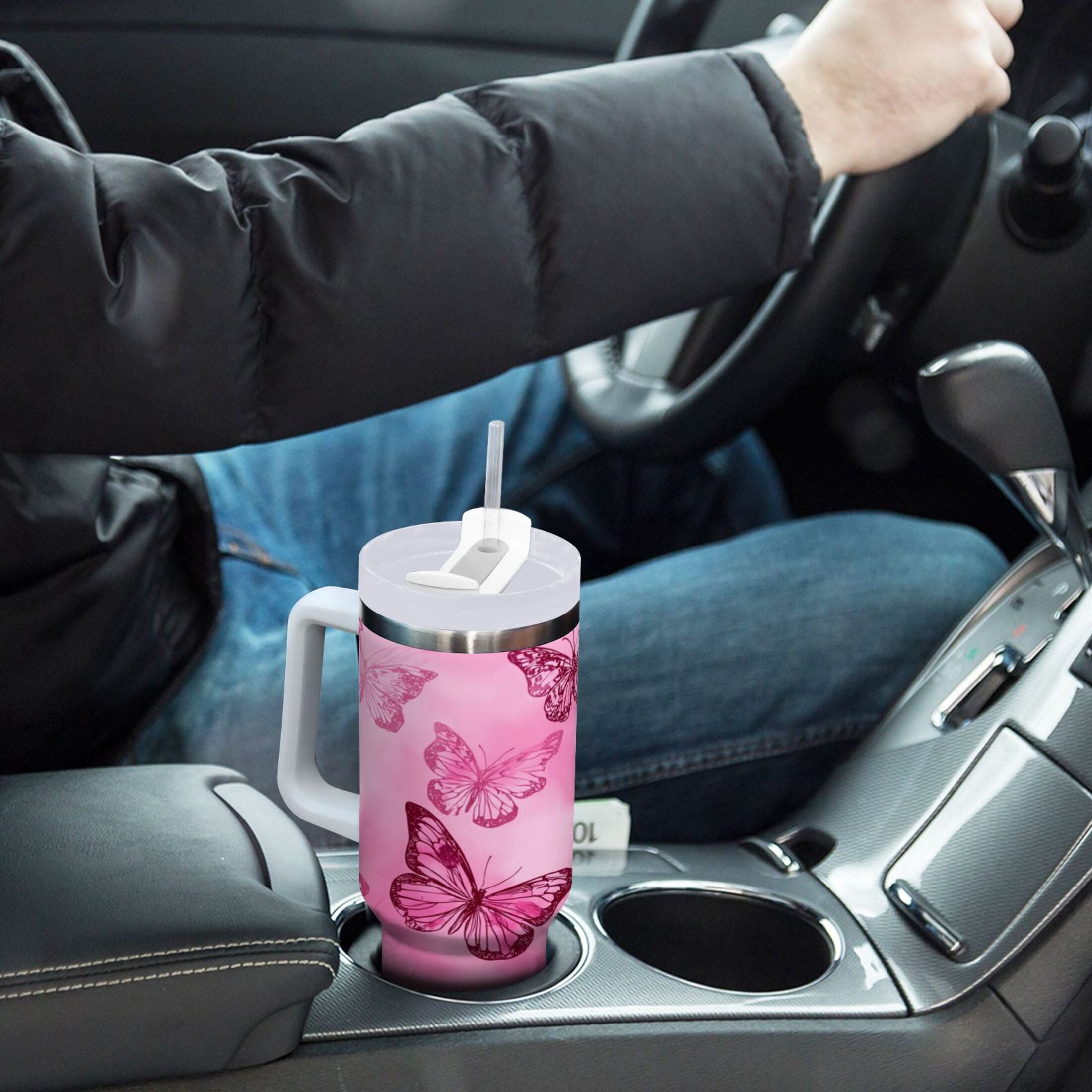 40 oz Insulated Stainless Steel Tumbler Double Wall Stainless Steel Tumbler with 2-Way Drinking Pink Butterfly Pattern C629D