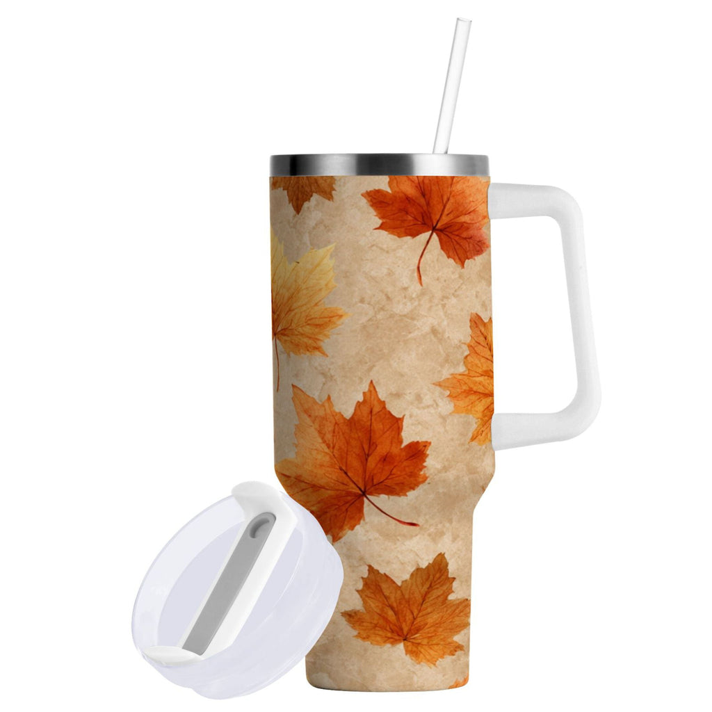 40 oz Insulated Stainless Steel Tumbler Double Wall Stainless Steel Tumbler with 2-Way Drinking Orange Autumn Leaves Pattern C478F
