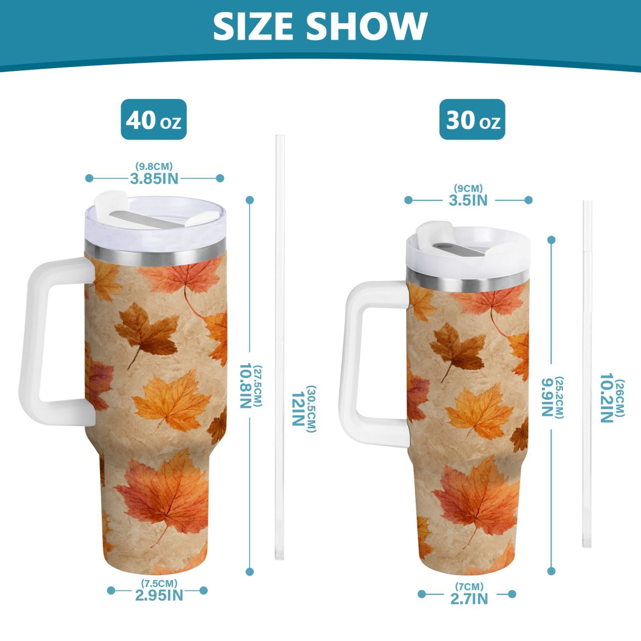 40 oz Insulated Stainless Steel Tumbler Double Wall Stainless Steel Tumbler with 2-Way Drinking Orange Autumn Leaves Pattern C478F