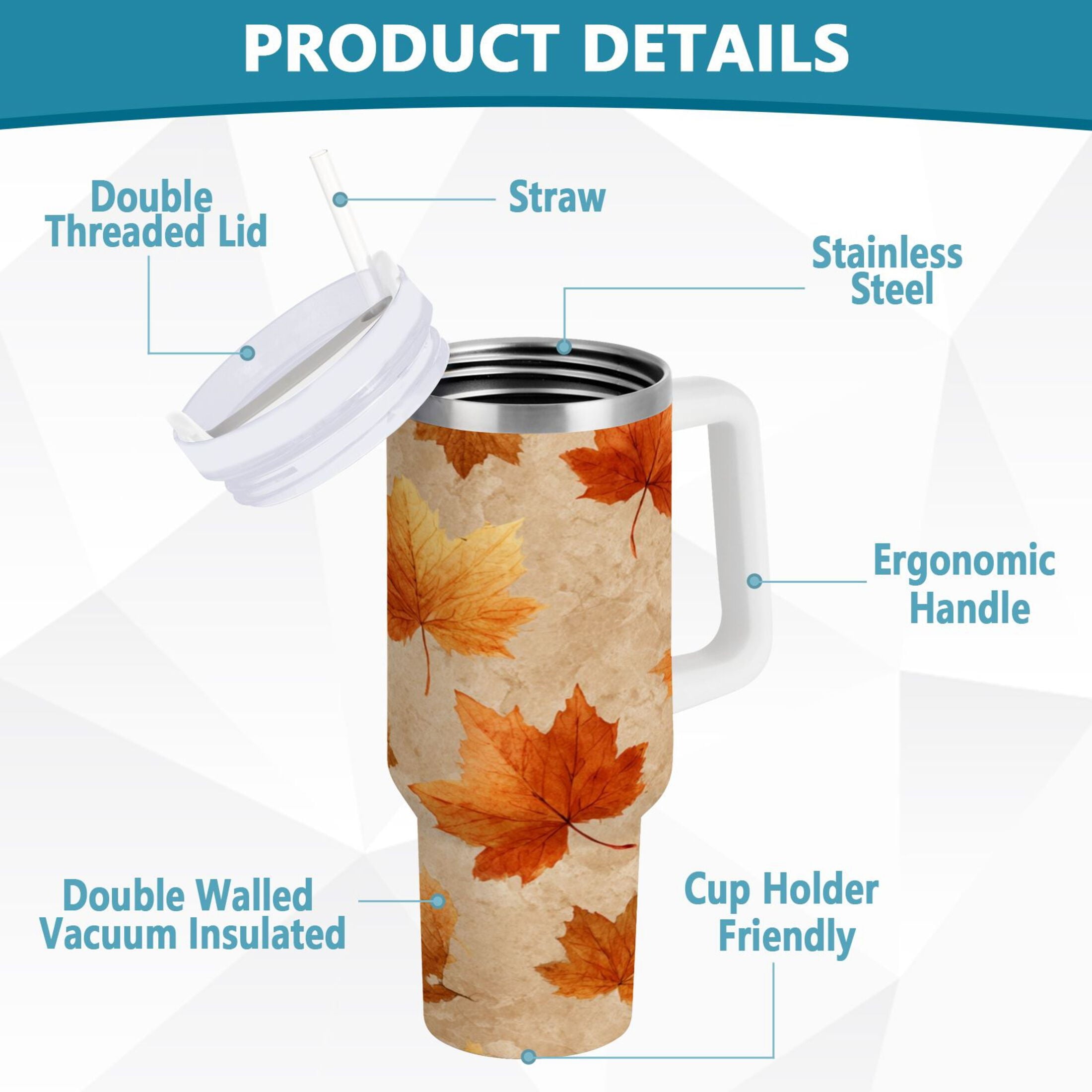 40 oz Insulated Stainless Steel Tumbler Double Wall Stainless Steel Tumbler with 2-Way Drinking Orange Autumn Leaves Pattern C478F