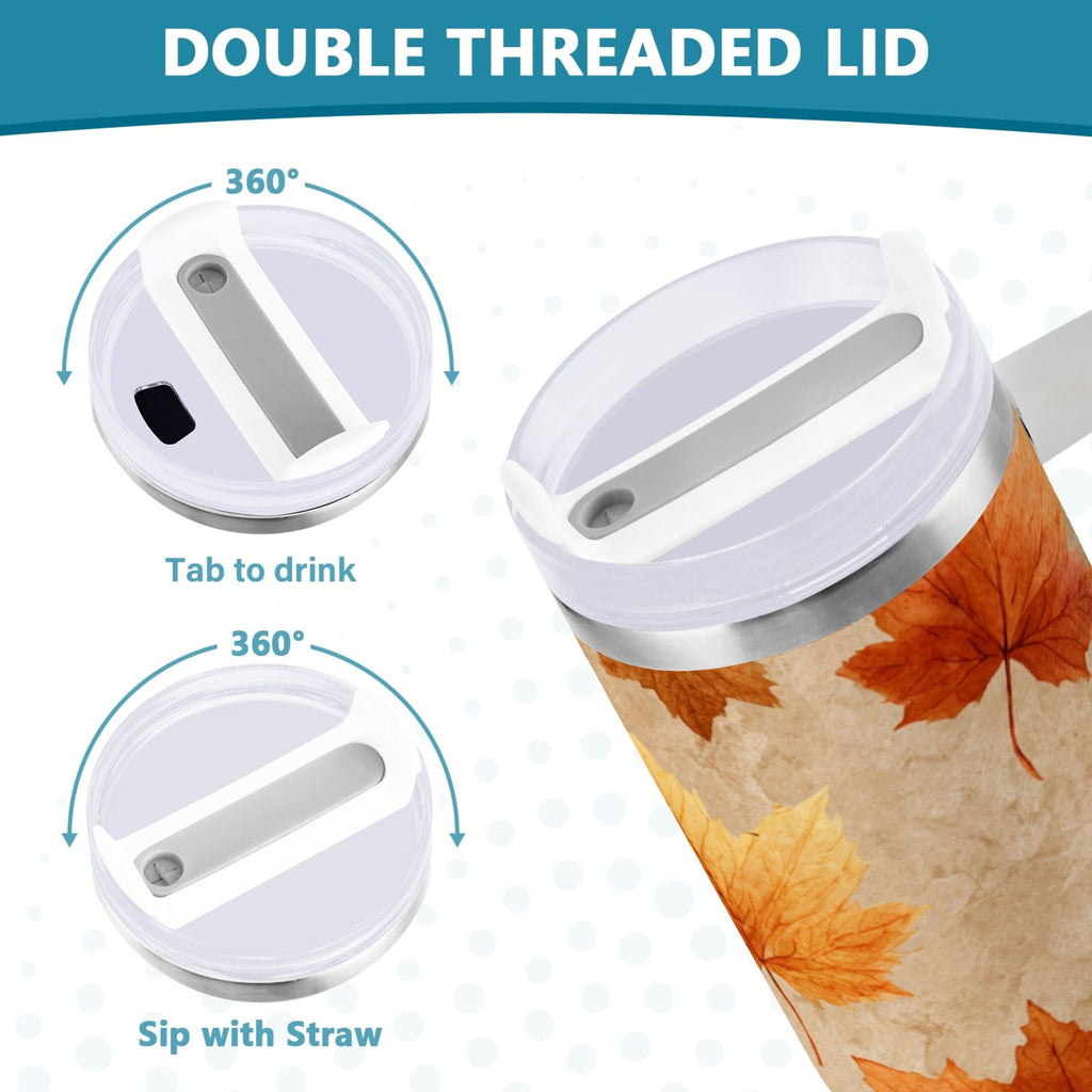 40 oz Insulated Stainless Steel Tumbler Double Wall Stainless Steel Tumbler with 2-Way Drinking Orange Autumn Leaves Pattern C478F