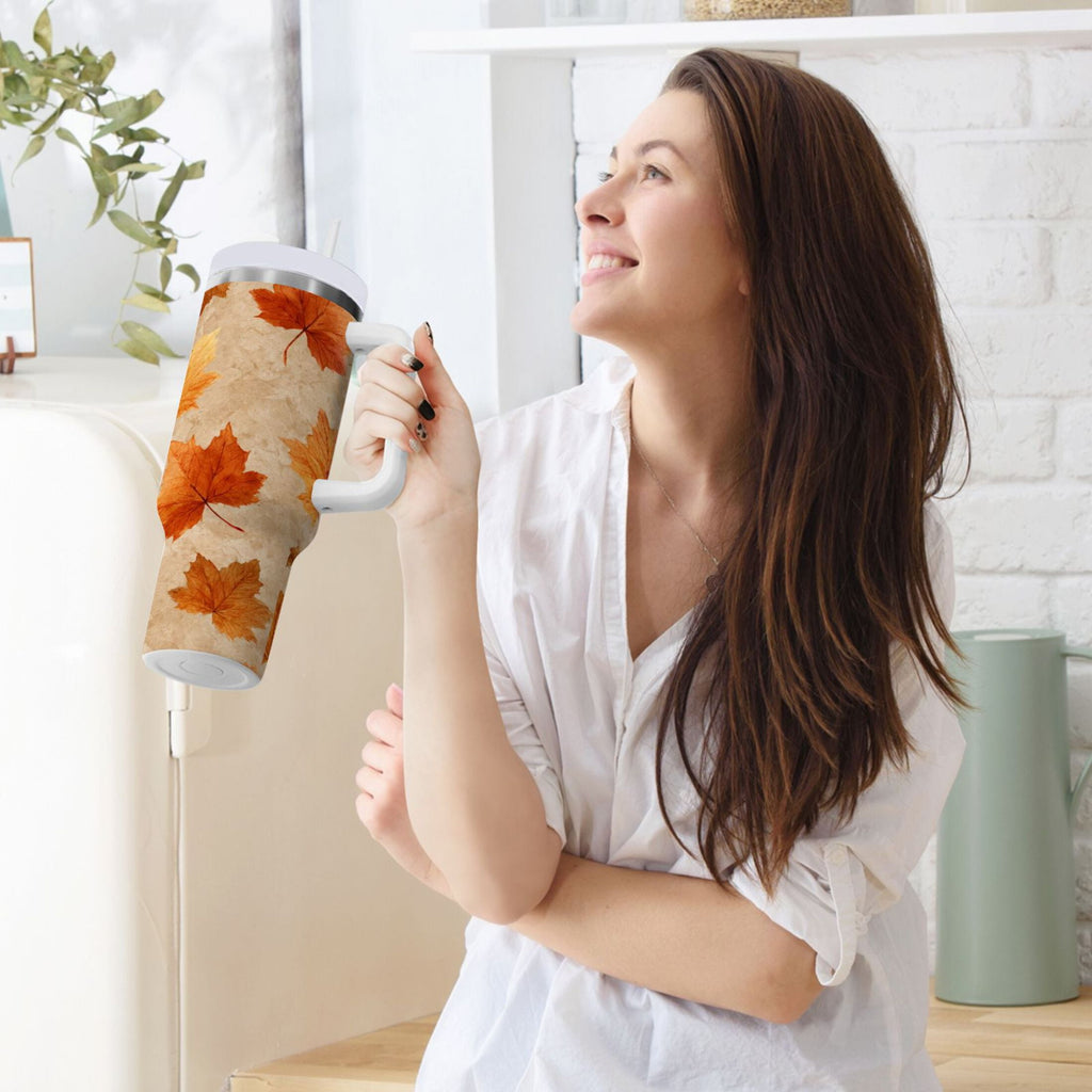 40 oz Insulated Stainless Steel Tumbler Double Wall Stainless Steel Tumbler with 2-Way Drinking Orange Autumn Leaves Pattern C478F