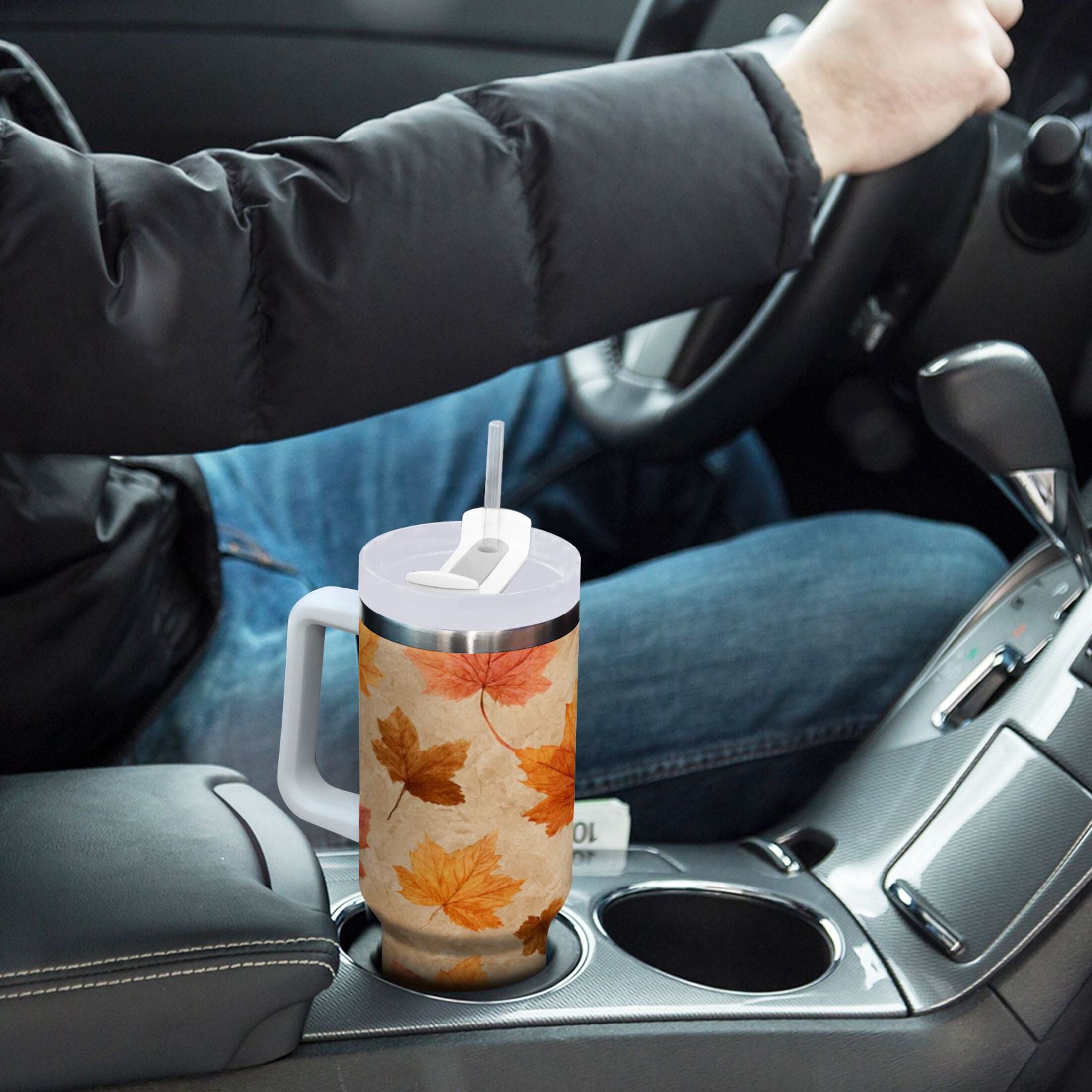 40 oz Insulated Stainless Steel Tumbler Double Wall Stainless Steel Tumbler with 2-Way Drinking Orange Autumn Leaves Pattern C478F