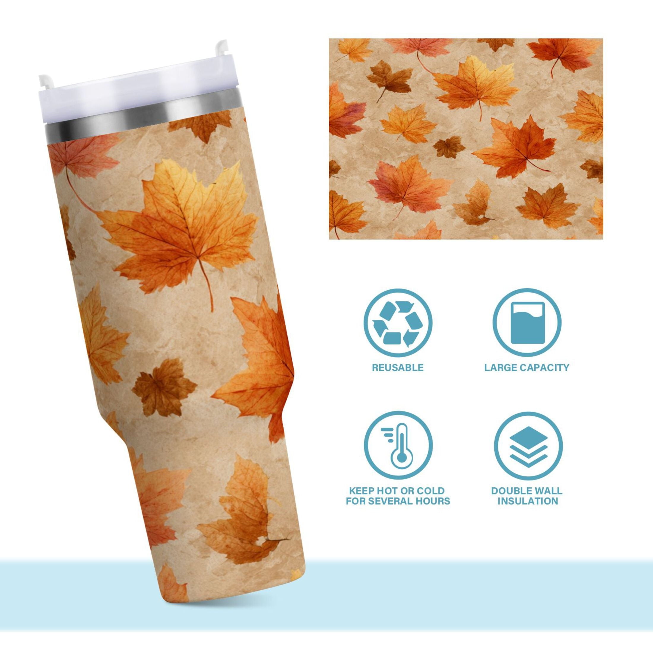 40 oz Insulated Stainless Steel Tumbler Double Wall Stainless Steel Tumbler with 2-Way Drinking Orange Autumn Leaves Pattern C478F