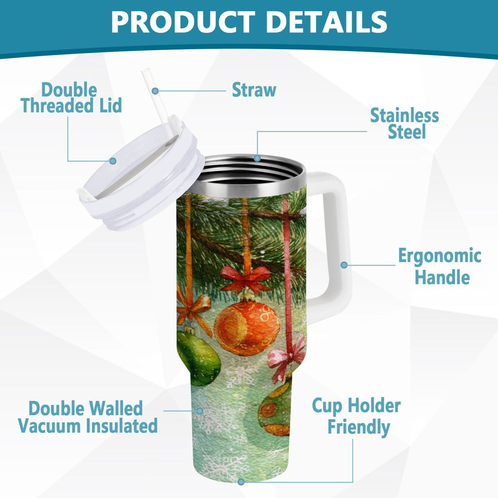 30 oz Insulated Stainless Steel Tumbler Double Wall Stainless Steel Tumbler with 2-Way Drinking Christmas Ornaments Watercolor Painting C639H