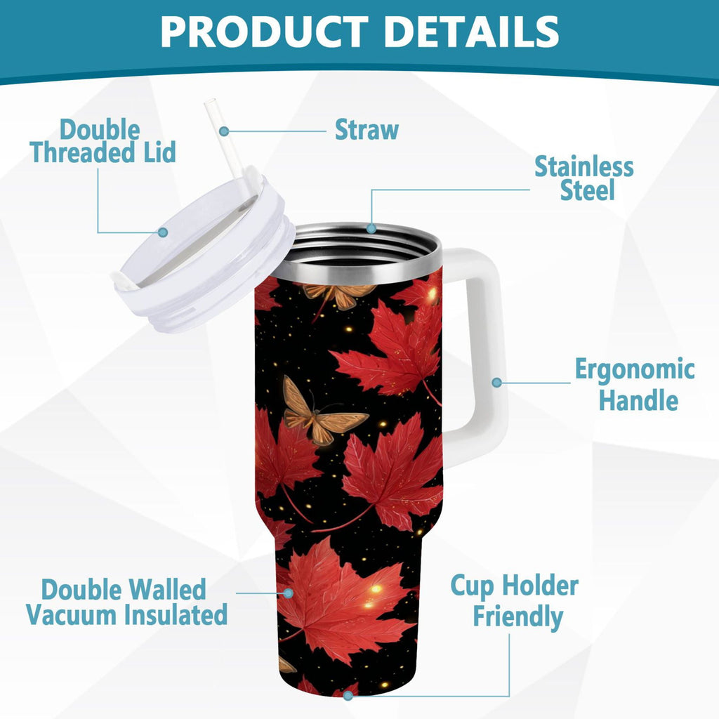40 oz Insulated Stainless Steel Tumbler Double Wall Stainless Steel Tumbler with 2-Way Drinking Maple Leaves and Fireflies C516U