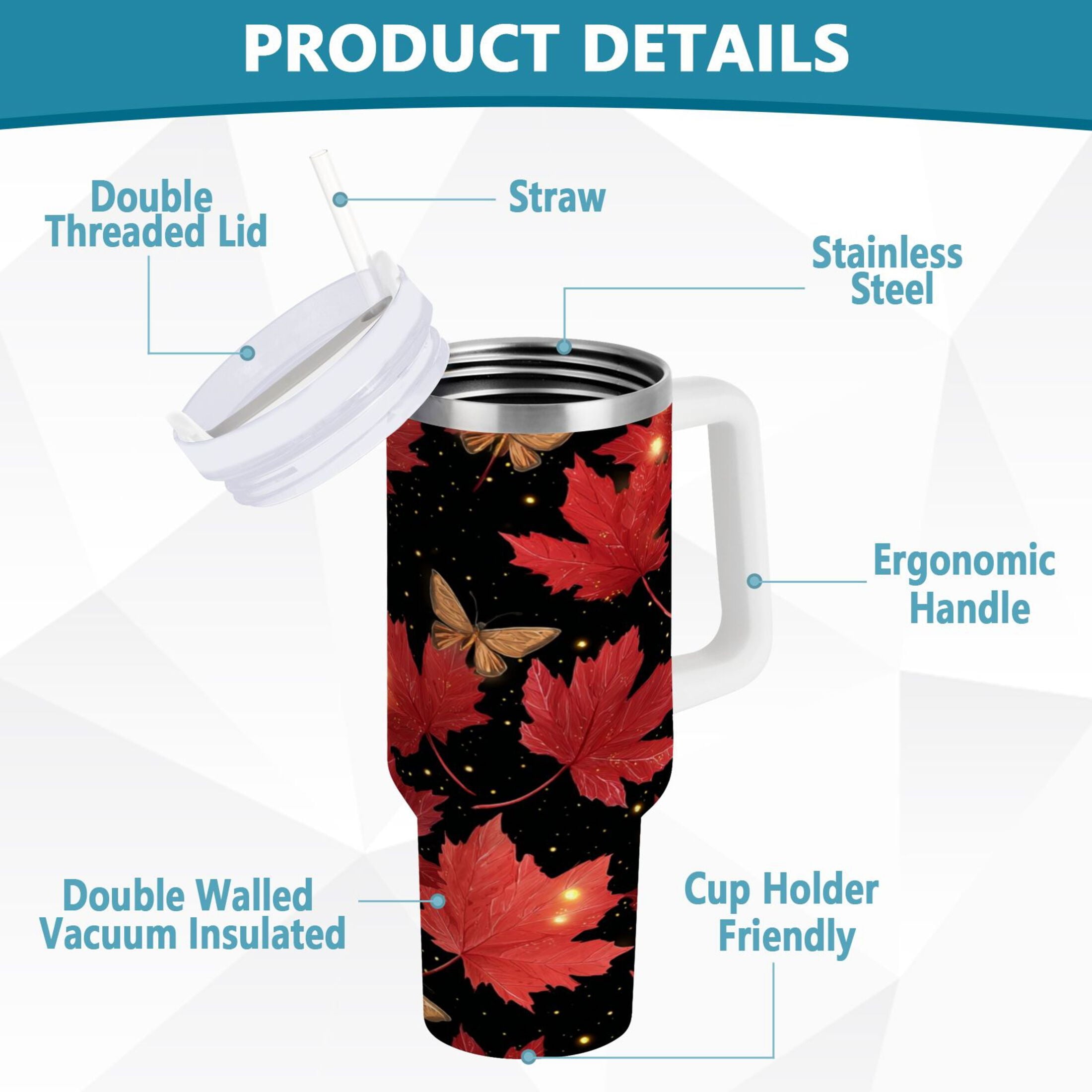 40 oz Insulated Stainless Steel Tumbler Double Wall Stainless Steel Tumbler with 2-Way Drinking Maple Leaves and Fireflies C516U