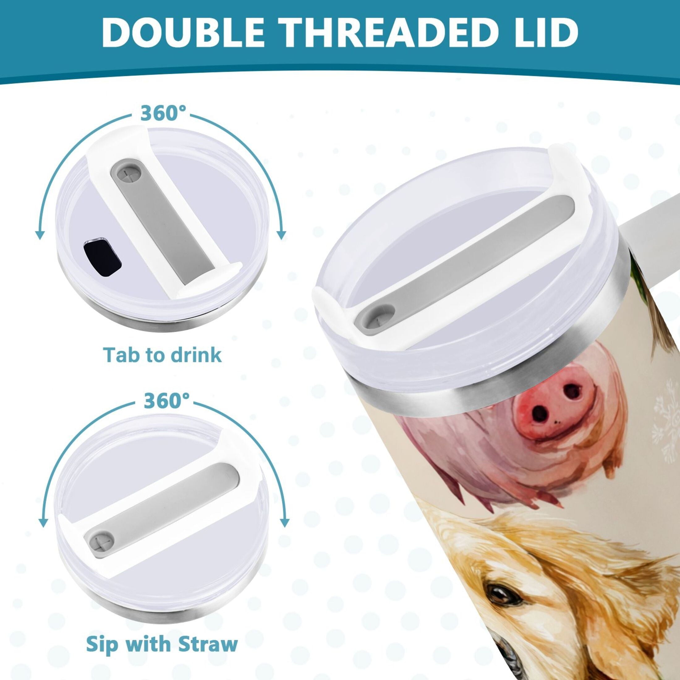 30 oz Insulated Stainless Steel Tumbler Double Wall Stainless Steel Tumbler with 2-Way Drinking Watercolor Animals Pattern C618Y