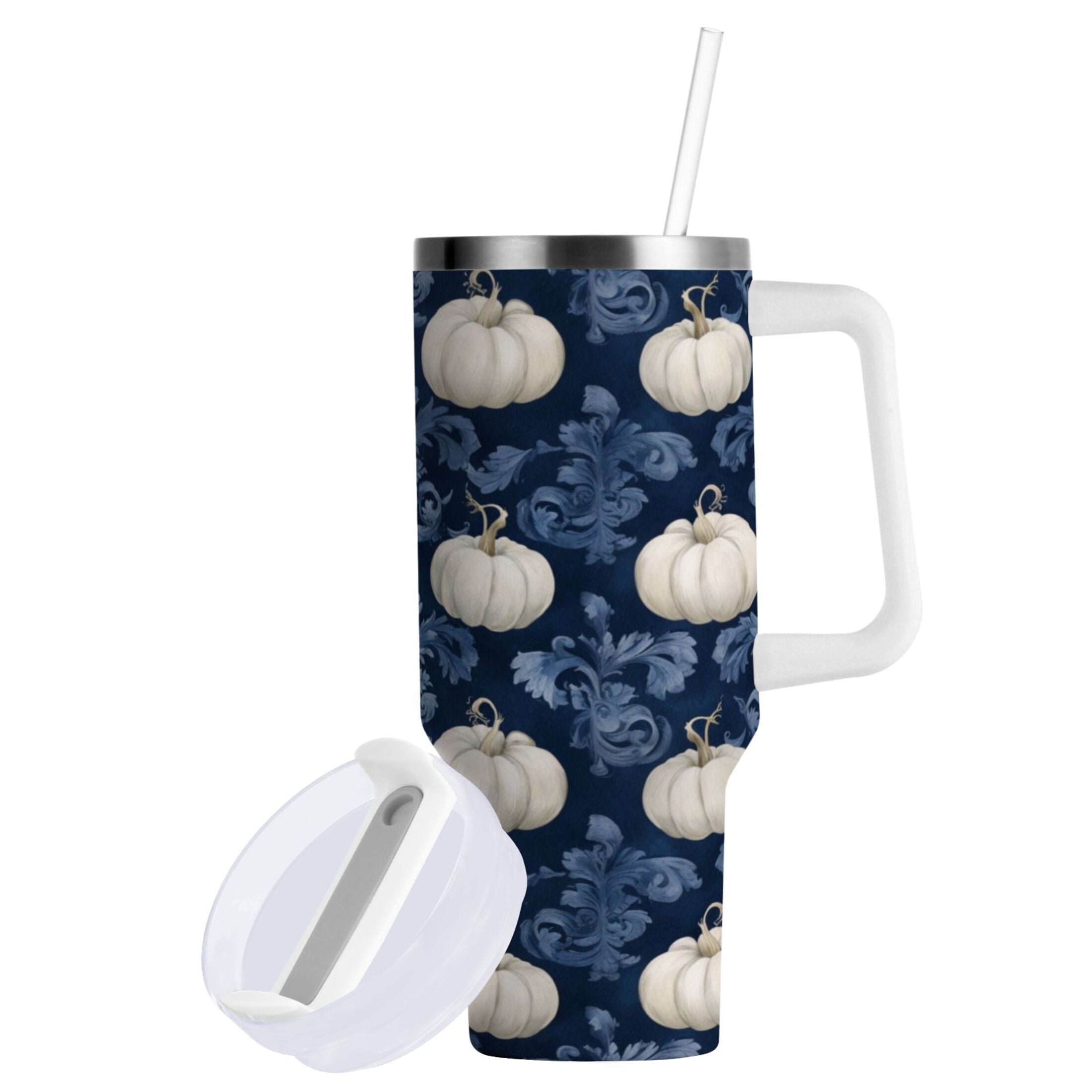 30 oz Insulated Stainless Steel Tumbler Double Wall Stainless Steel Tumbler with 2-Way Drinking Watercolor White Pumpkins C446W