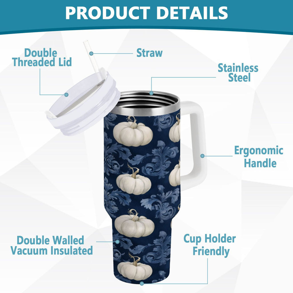 30 oz Insulated Stainless Steel Tumbler Double Wall Stainless Steel Tumbler with 2-Way Drinking Watercolor White Pumpkins C446W
