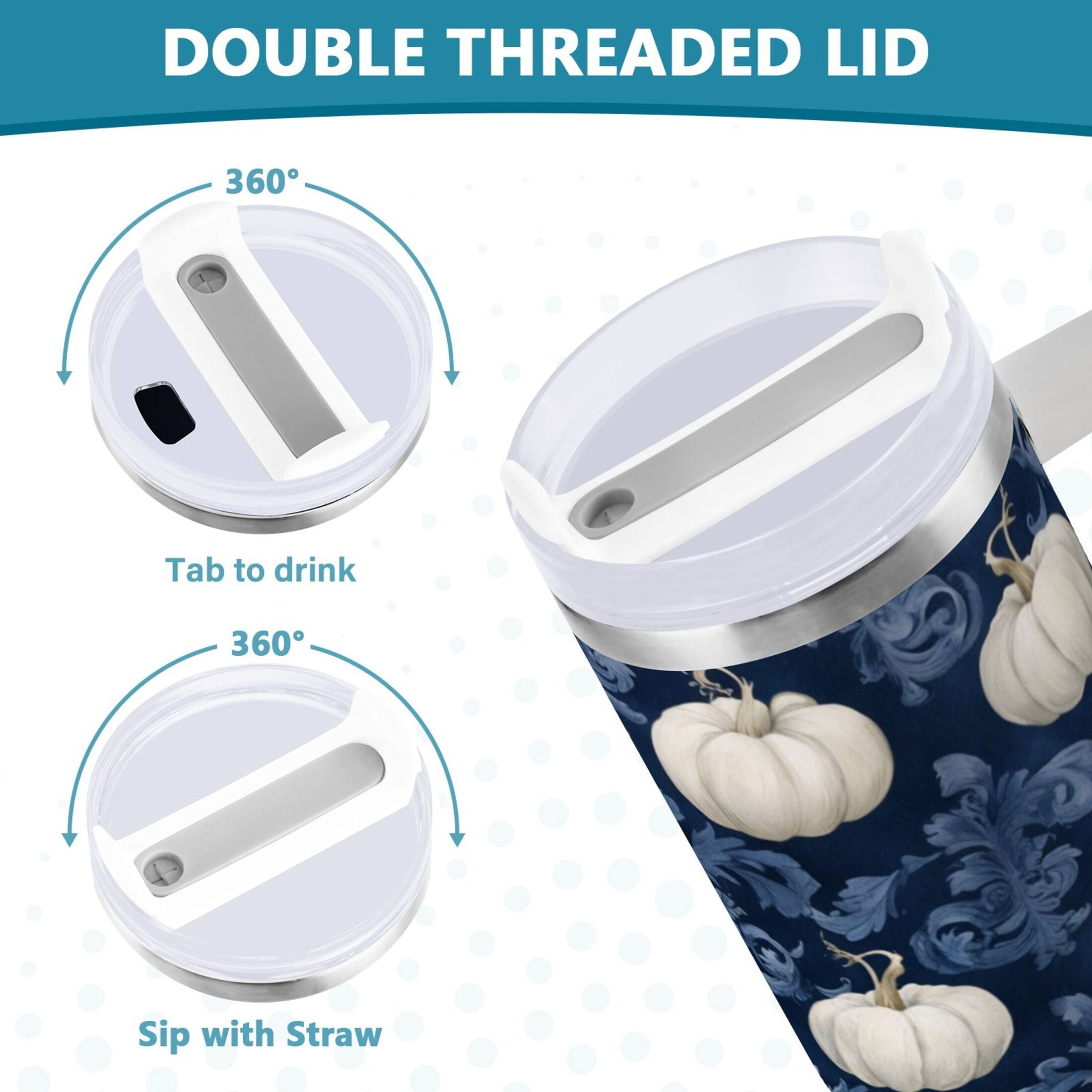 30 oz Insulated Stainless Steel Tumbler Double Wall Stainless Steel Tumbler with 2-Way Drinking Watercolor White Pumpkins C446W