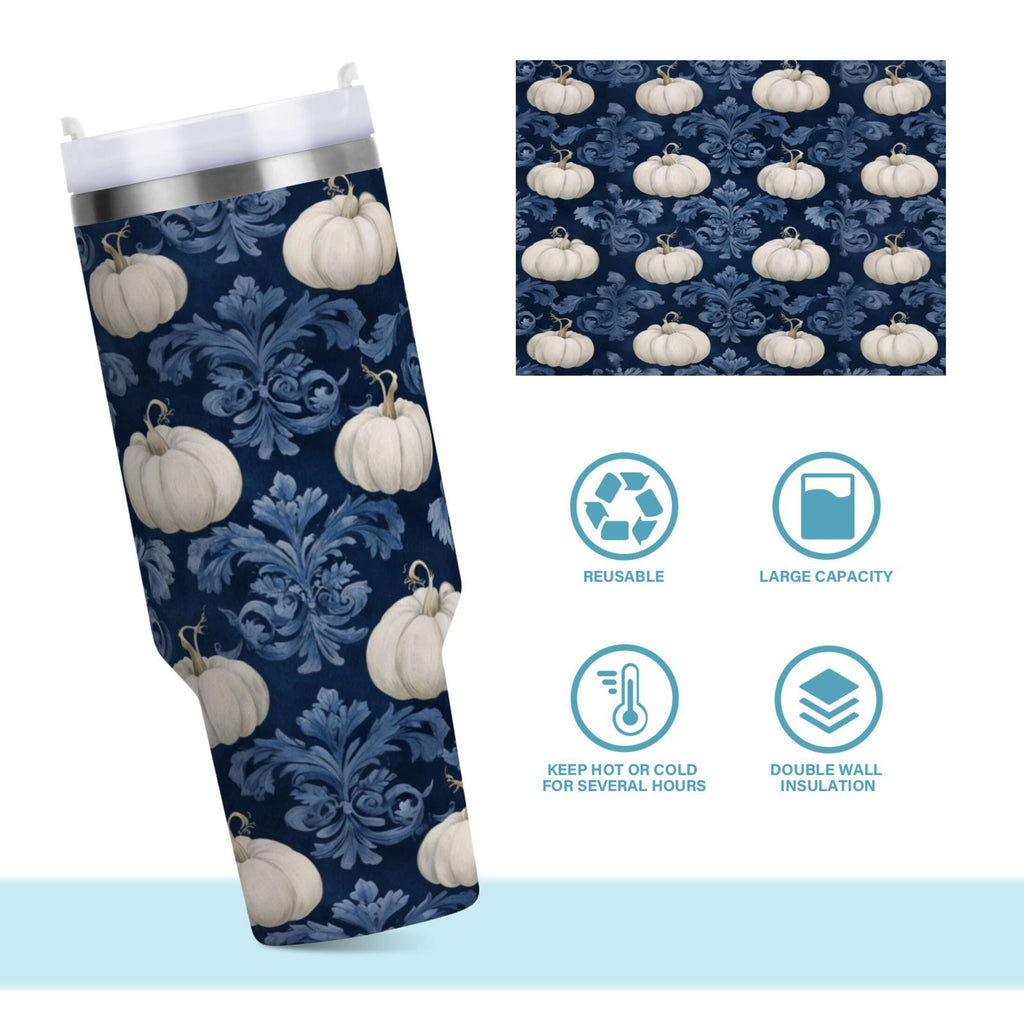 30 oz Insulated Stainless Steel Tumbler Double Wall Stainless Steel Tumbler with 2-Way Drinking Watercolor White Pumpkins C446W