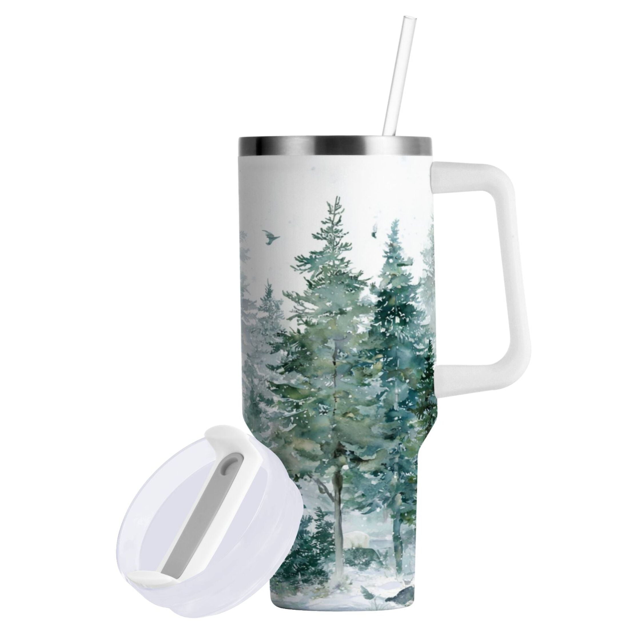 30 oz Insulated Stainless Steel Tumbler Double Wall Stainless Steel Tumbler with 2-Way Drinking Green Snowy Forest Scene C455K