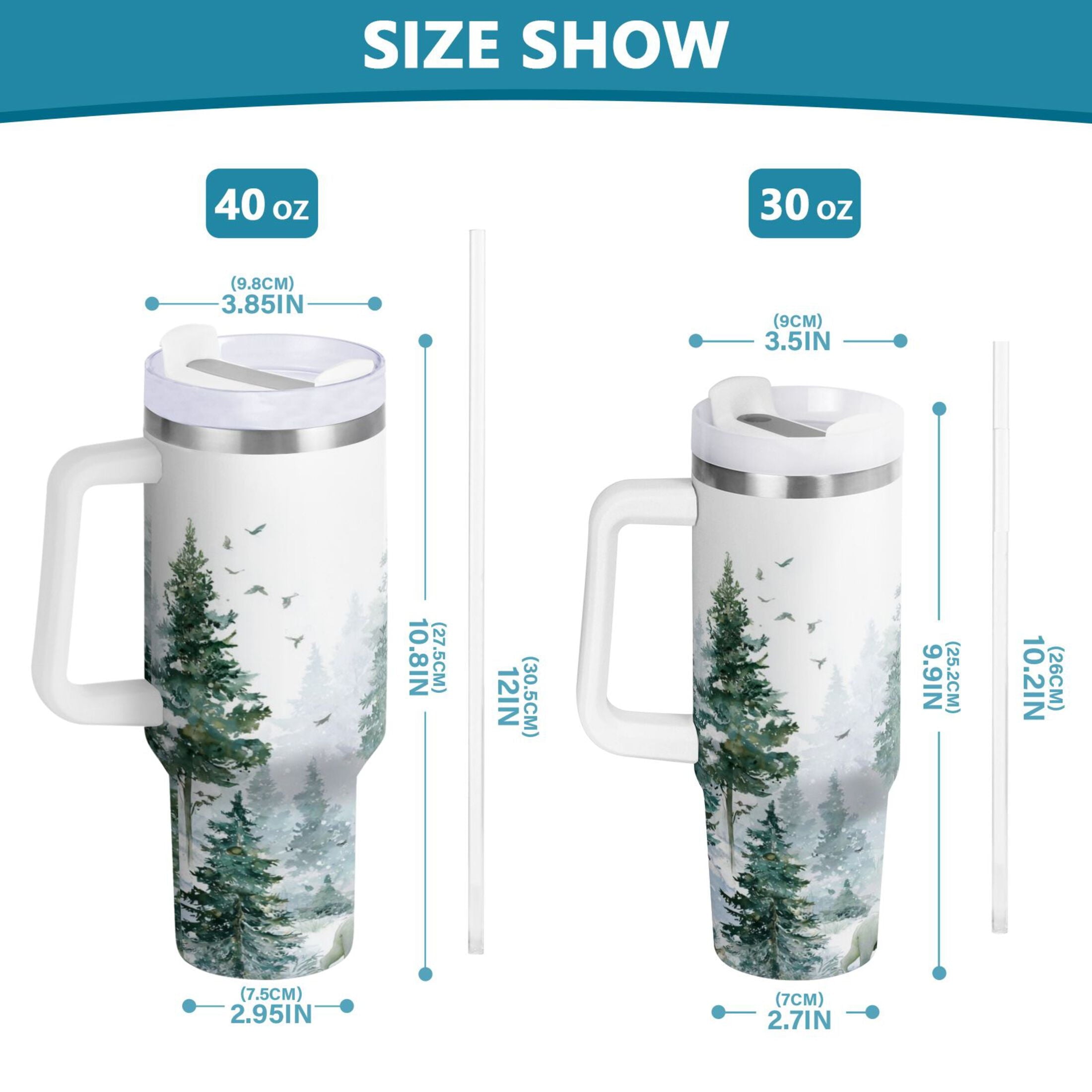30 oz Insulated Stainless Steel Tumbler Double Wall Stainless Steel Tumbler with 2-Way Drinking Green Snowy Forest Scene C455K