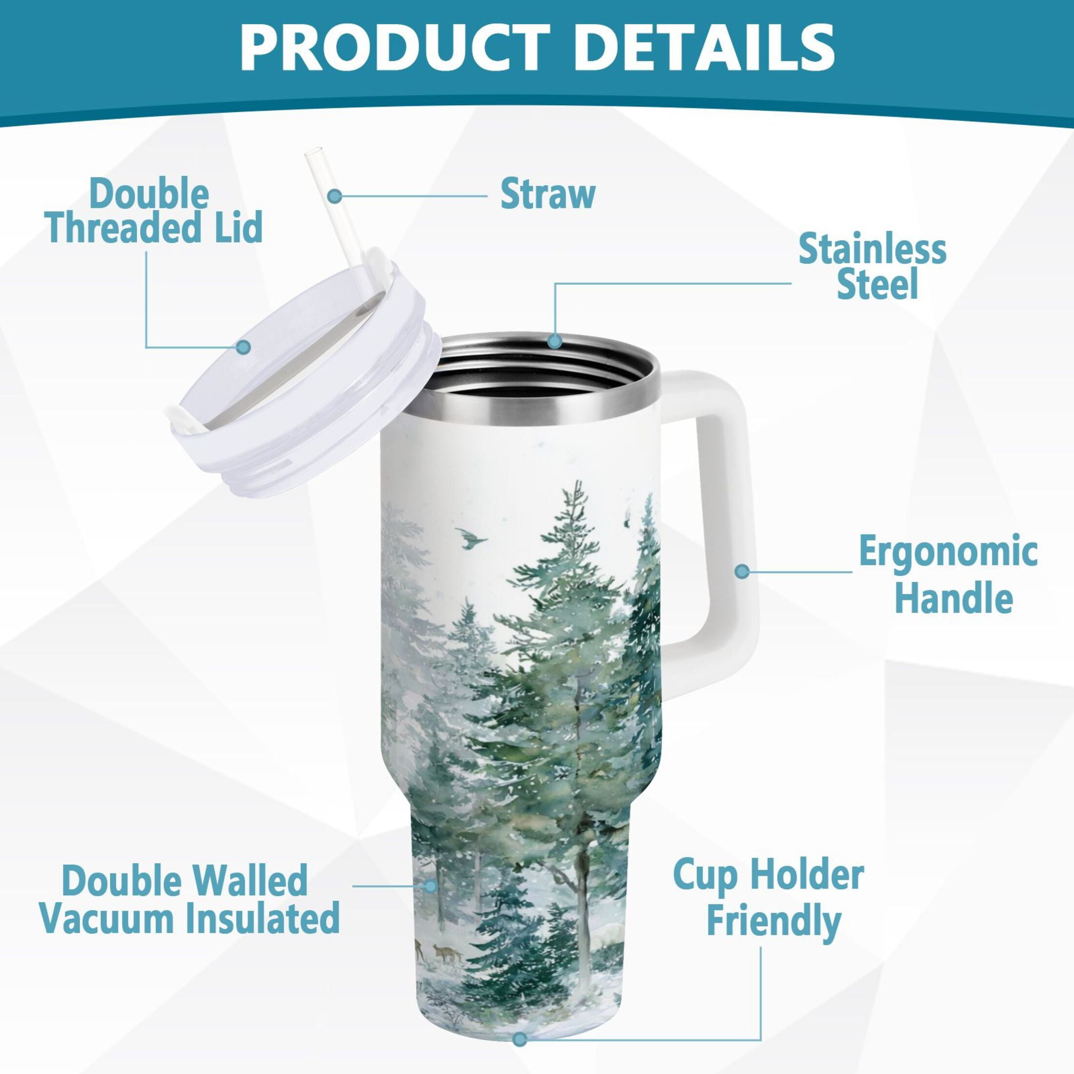 30 oz Insulated Stainless Steel Tumbler Double Wall Stainless Steel Tumbler with 2-Way Drinking Green Snowy Forest Scene C455K