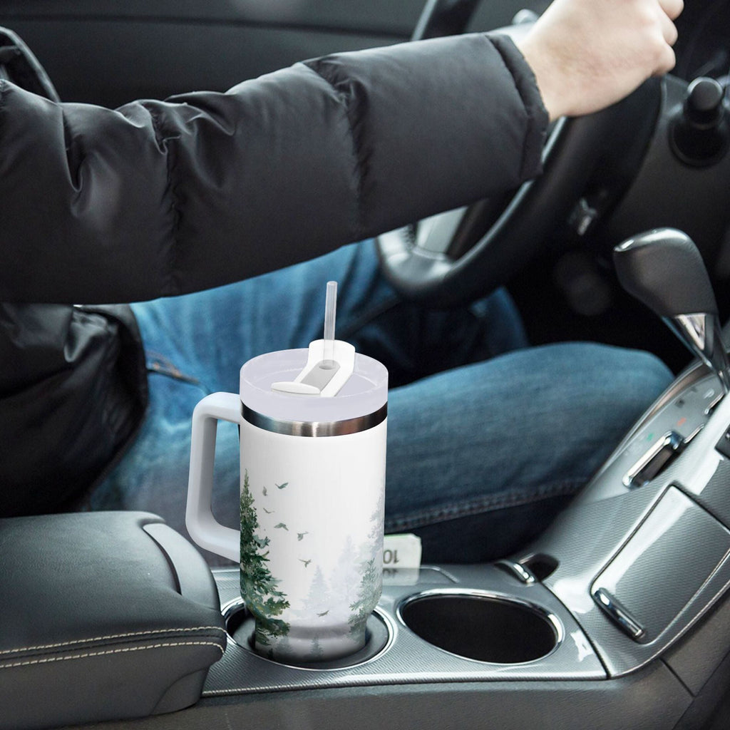 30 oz Insulated Stainless Steel Tumbler Double Wall Stainless Steel Tumbler with 2-Way Drinking Green Snowy Forest Scene C455K