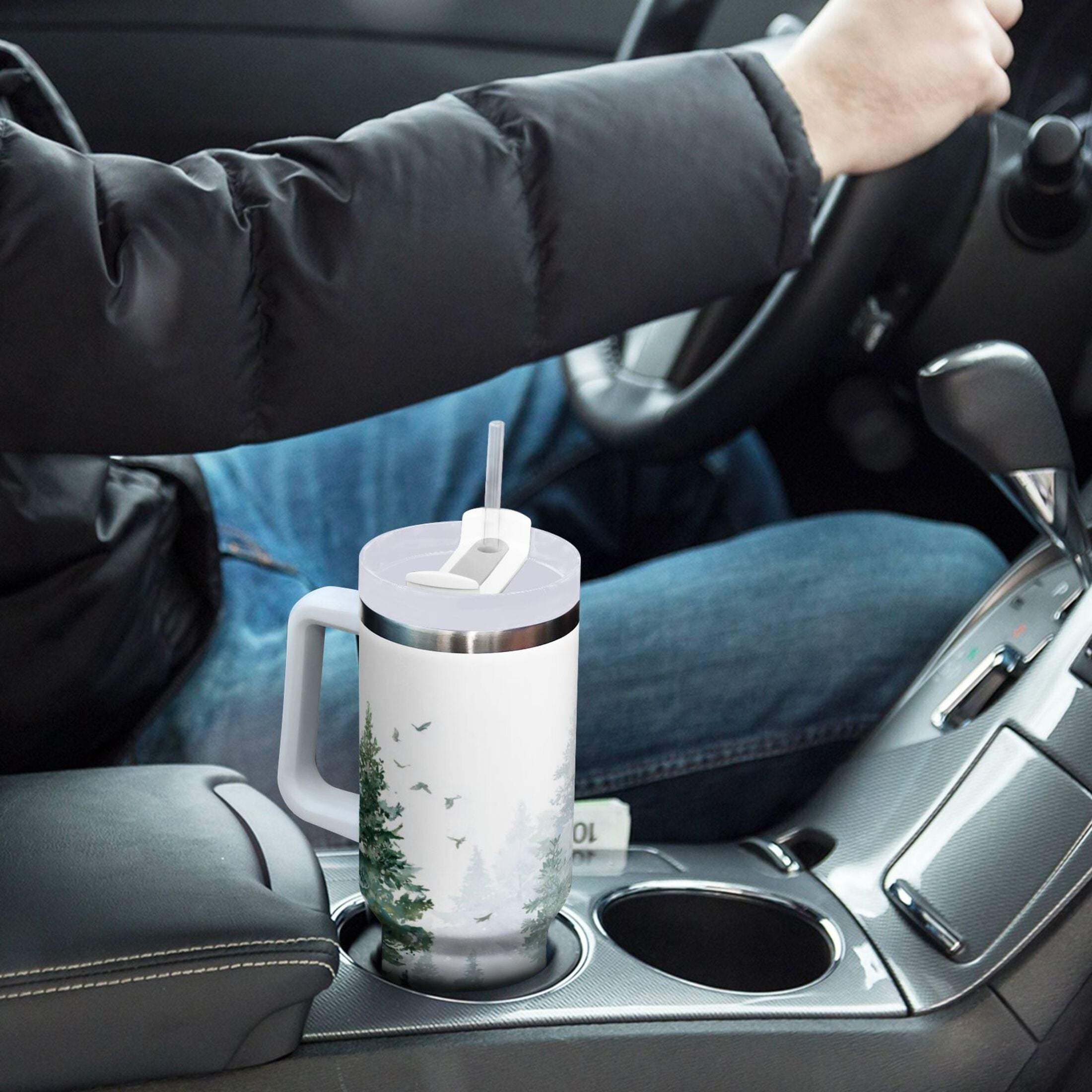 30 oz Insulated Stainless Steel Tumbler Double Wall Stainless Steel Tumbler with 2-Way Drinking Green Snowy Forest Scene C455K
