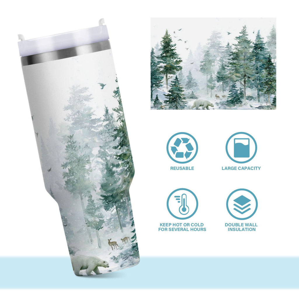 30 oz Insulated Stainless Steel Tumbler Double Wall Stainless Steel Tumbler with 2-Way Drinking Green Snowy Forest Scene C455K