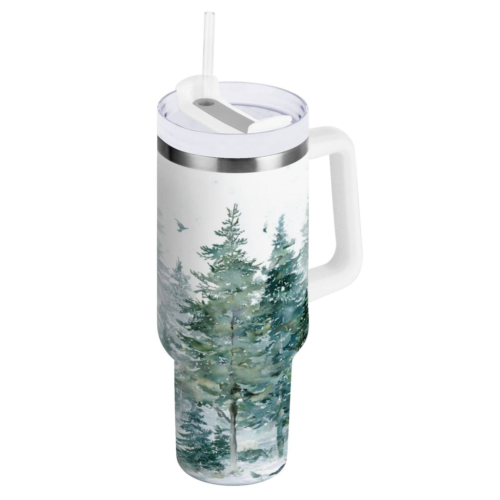 30 oz Insulated Stainless Steel Tumbler Double Wall Stainless Steel Tumbler with 2-Way Drinking Green Snowy Forest Scene C455K