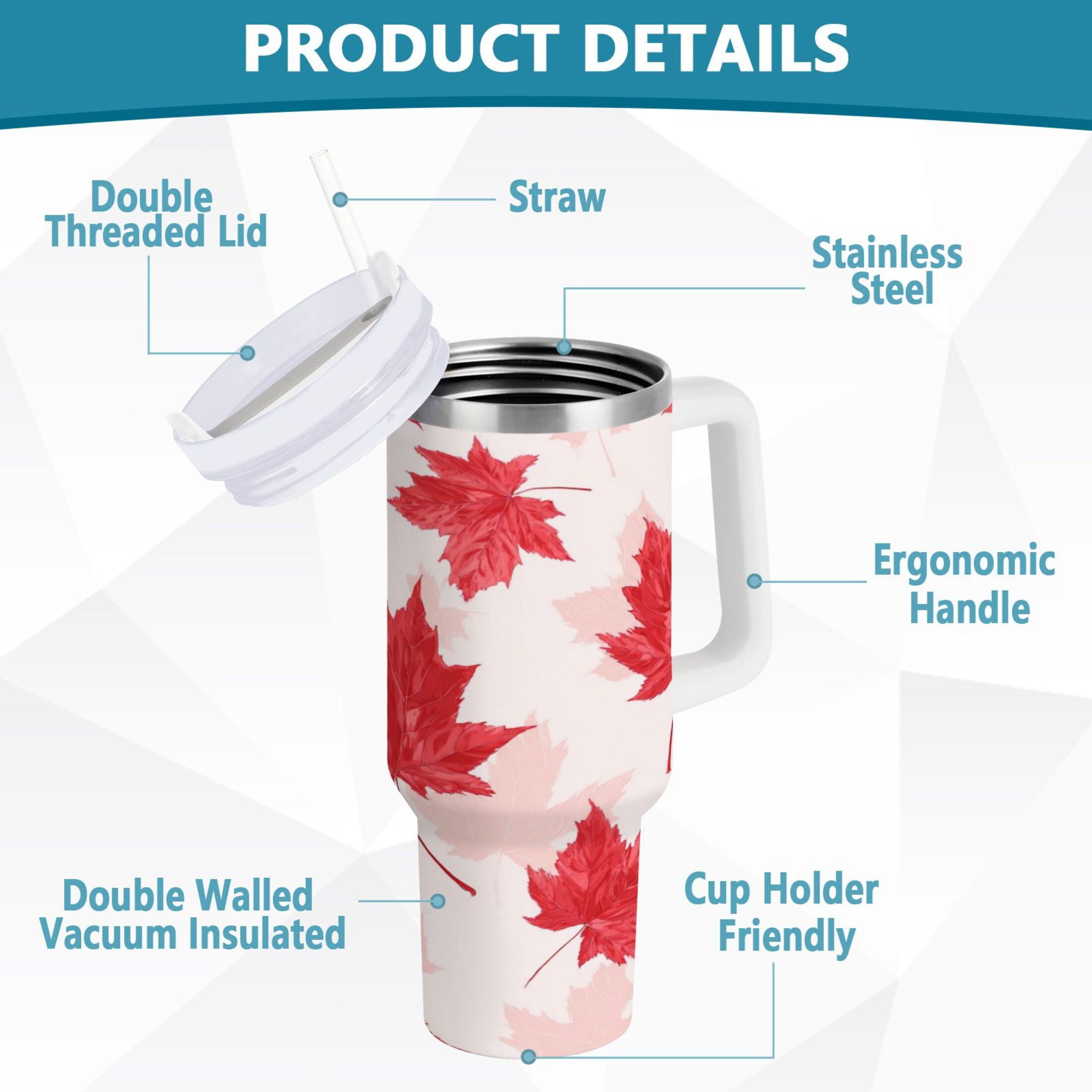 40 oz Insulated Stainless Steel Tumbler Double Wall Stainless Steel Tumbler with 2-Way Drinking Red Maple Leaves Pattern C601U