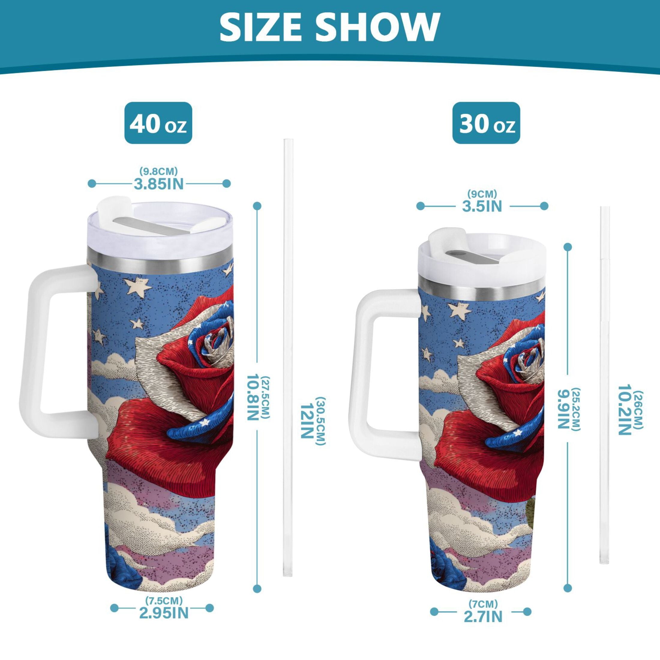 40 oz Insulated Stainless Steel Tumbler Double Wall Stainless Steel Tumbler with 2-Way Drinking Roses and Clouds C523J