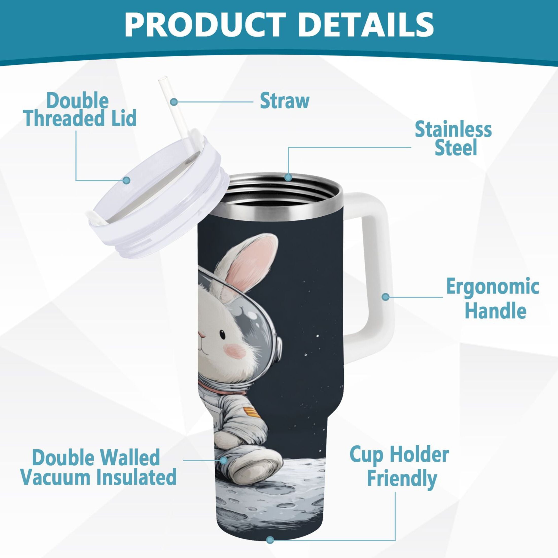 40 oz Insulated Stainless Steel Tumbler Double Wall Stainless Steel Tumbler with 2-Way Drinking Rabbit in A Space C673U