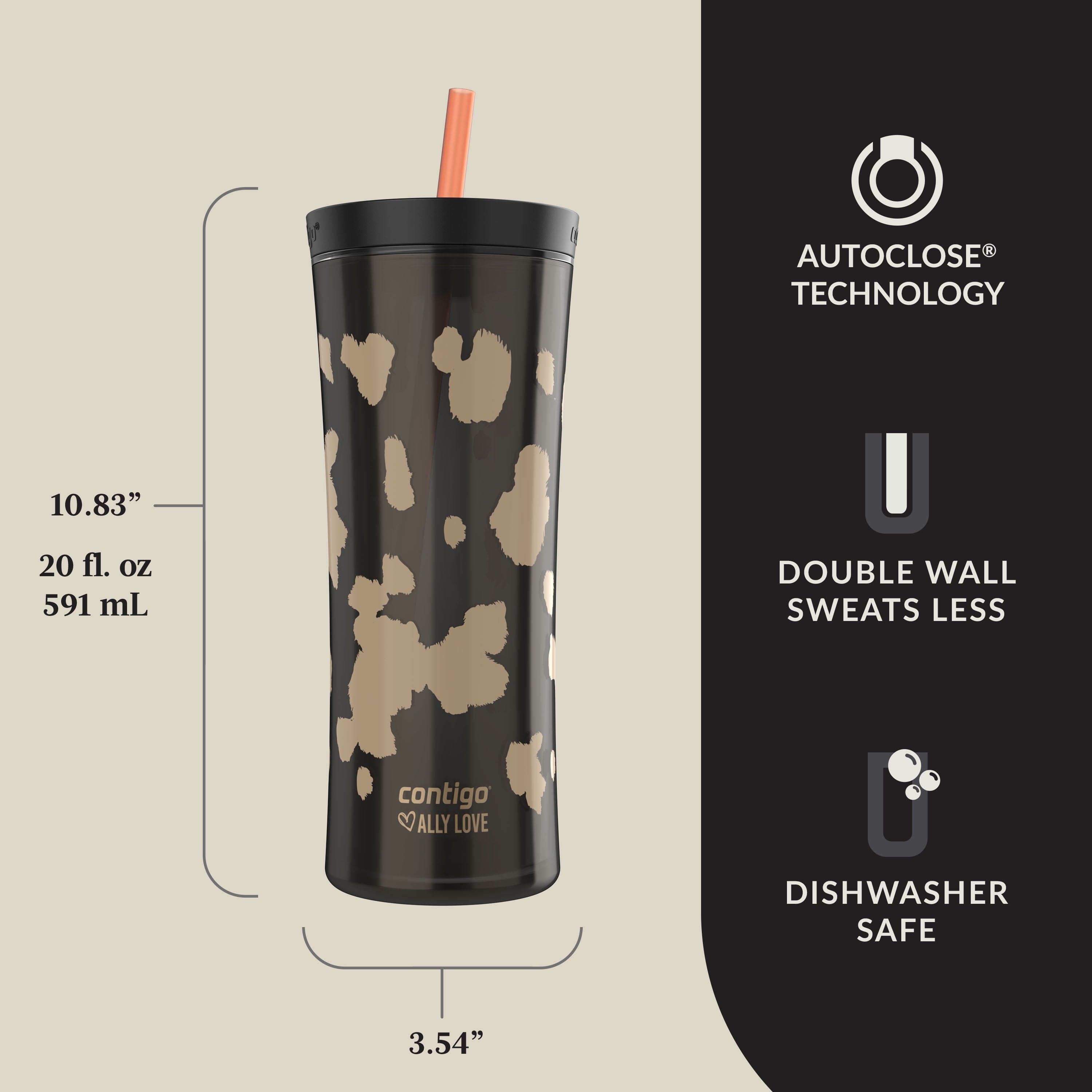 Contigo 20oz Shake &amp; Go Tumbler, Plastic with Straw, Licorice Cowhide Couture C093B