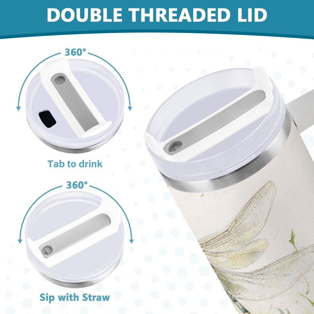 30 oz Insulated Stainless Steel Tumbler Double Wall Stainless Steel Tumbler with 2-Way Drinking Dragonflies with White Daisies C655T