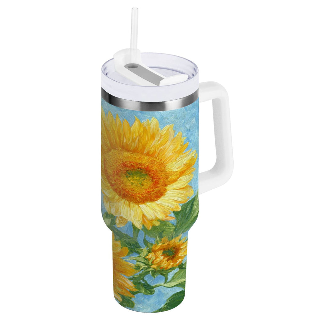40 oz Insulated Stainless Steel Tumbler Double Wall Stainless Steel Tumbler with 2-Way Drinking Sunflower Oil Painting C438J