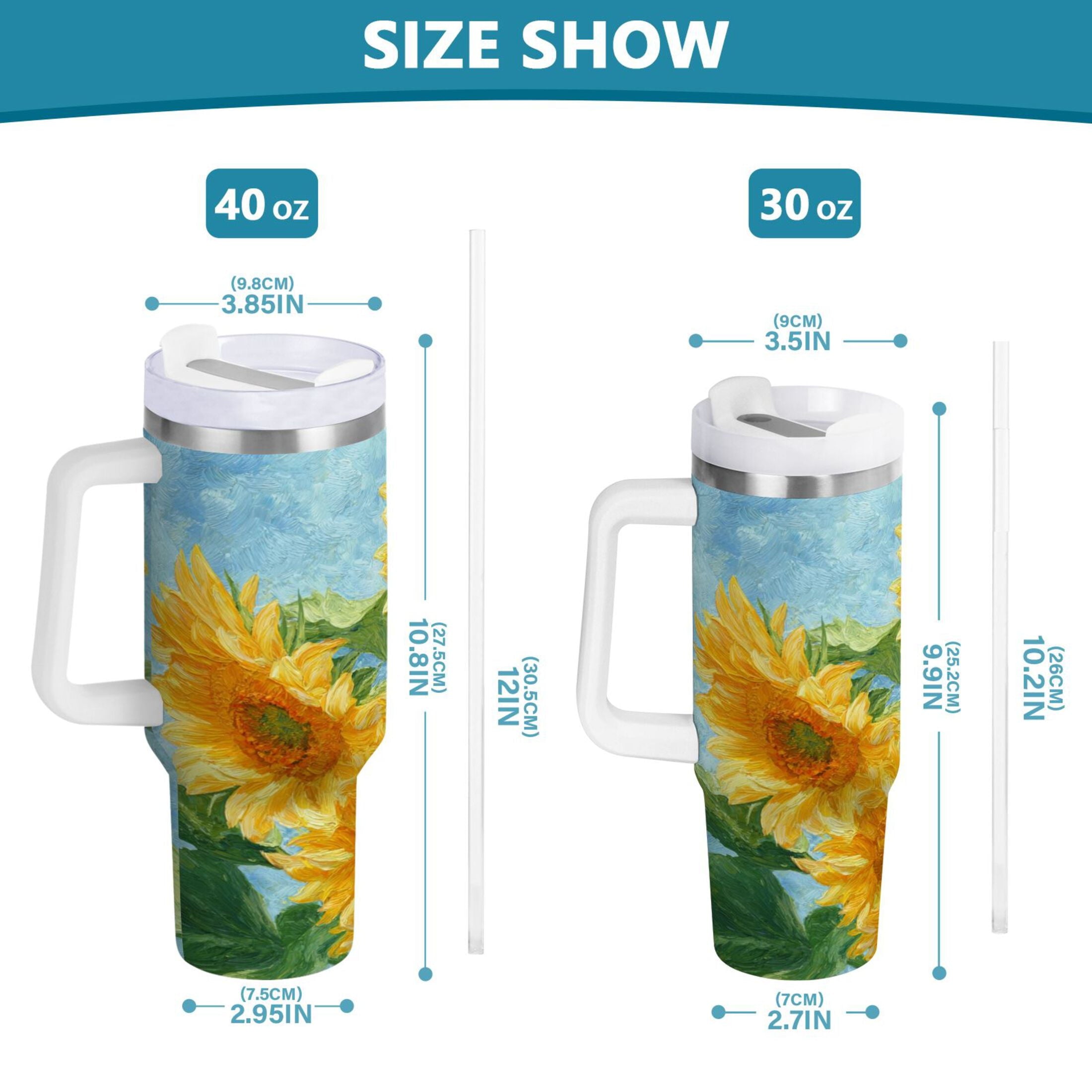40 oz Insulated Stainless Steel Tumbler Double Wall Stainless Steel Tumbler with 2-Way Drinking Sunflower Oil Painting C438J