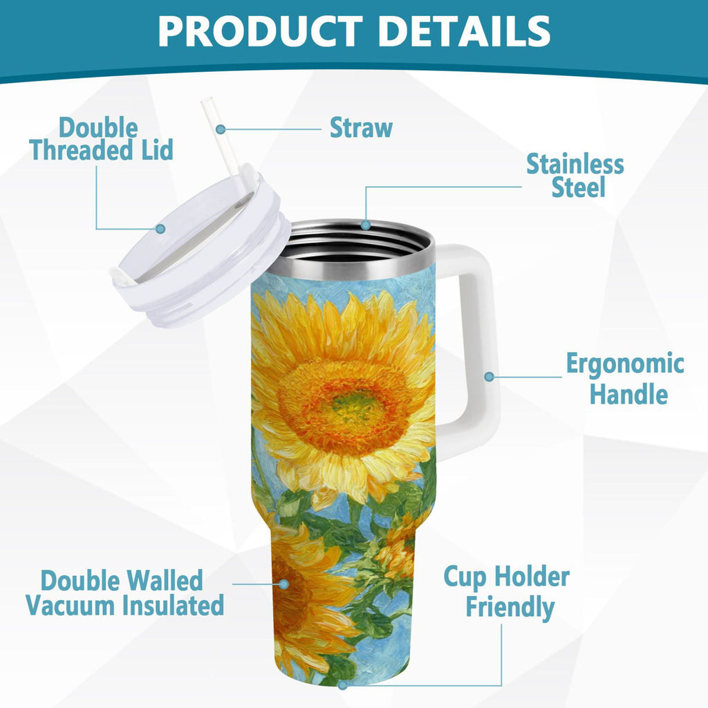 40 oz Insulated Stainless Steel Tumbler Double Wall Stainless Steel Tumbler with 2-Way Drinking Sunflower Oil Painting C438J