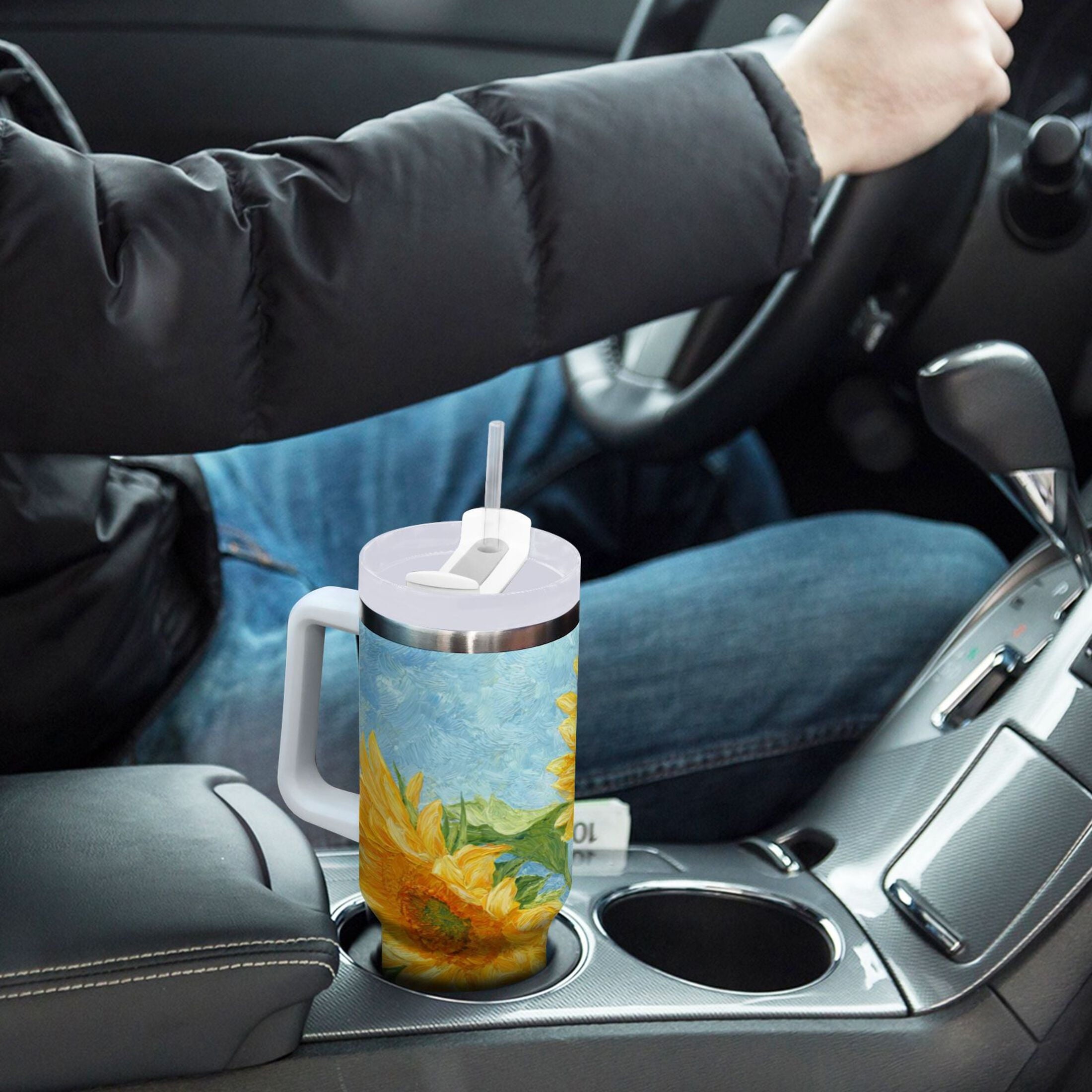 40 oz Insulated Stainless Steel Tumbler Double Wall Stainless Steel Tumbler with 2-Way Drinking Sunflower Oil Painting C438J
