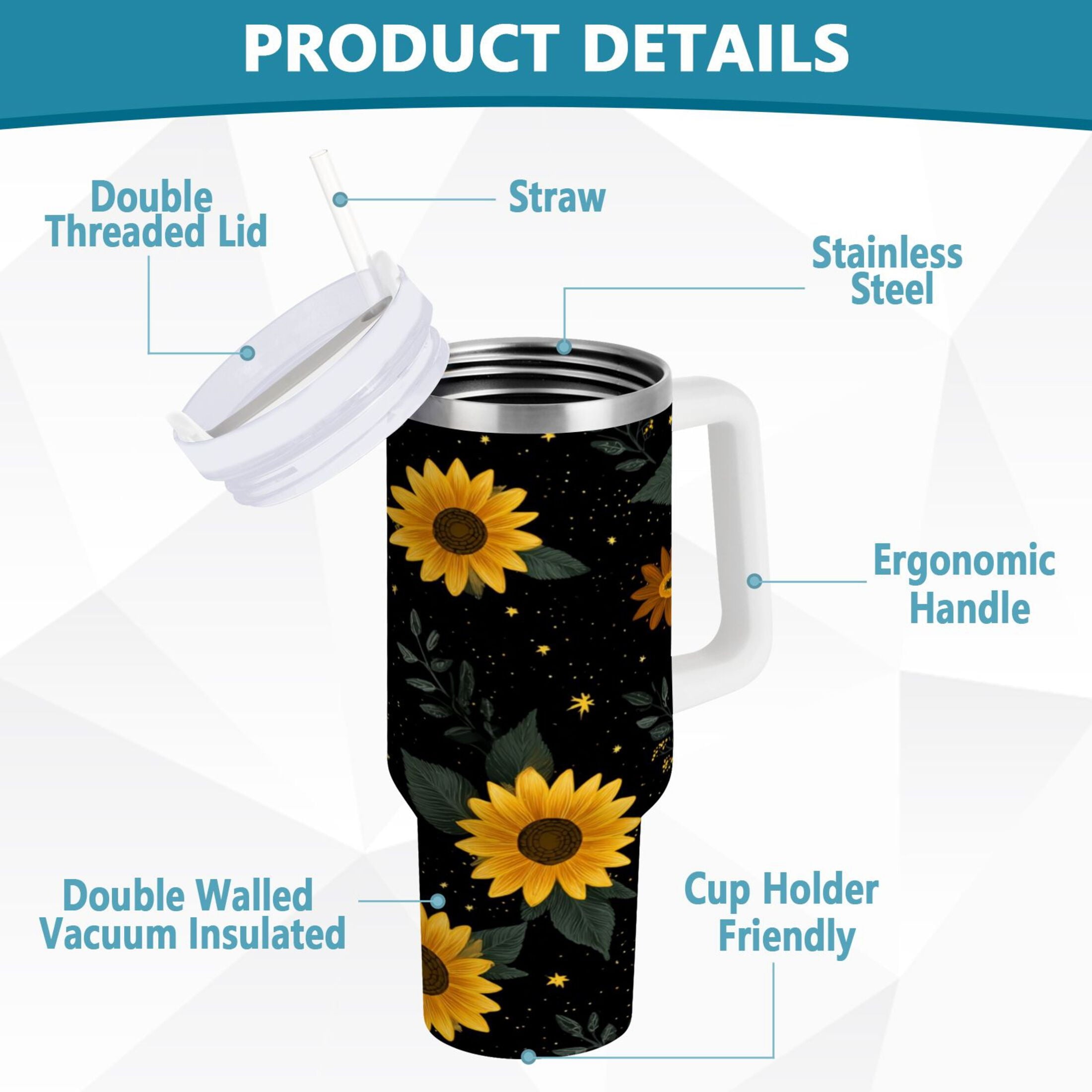 30 oz Insulated Stainless Steel Tumbler Double Wall Stainless Steel Tumbler with 2-Way Drinking Yellow Sunflower Pattern C532S
