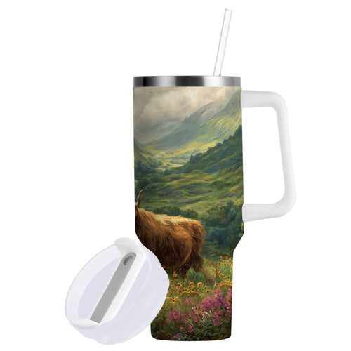 30 oz Insulated Stainless Steel Tumbler Double Wall Stainless Steel Tumbler with 2-Way Drinking Cow in Green Rolling Hills C586R