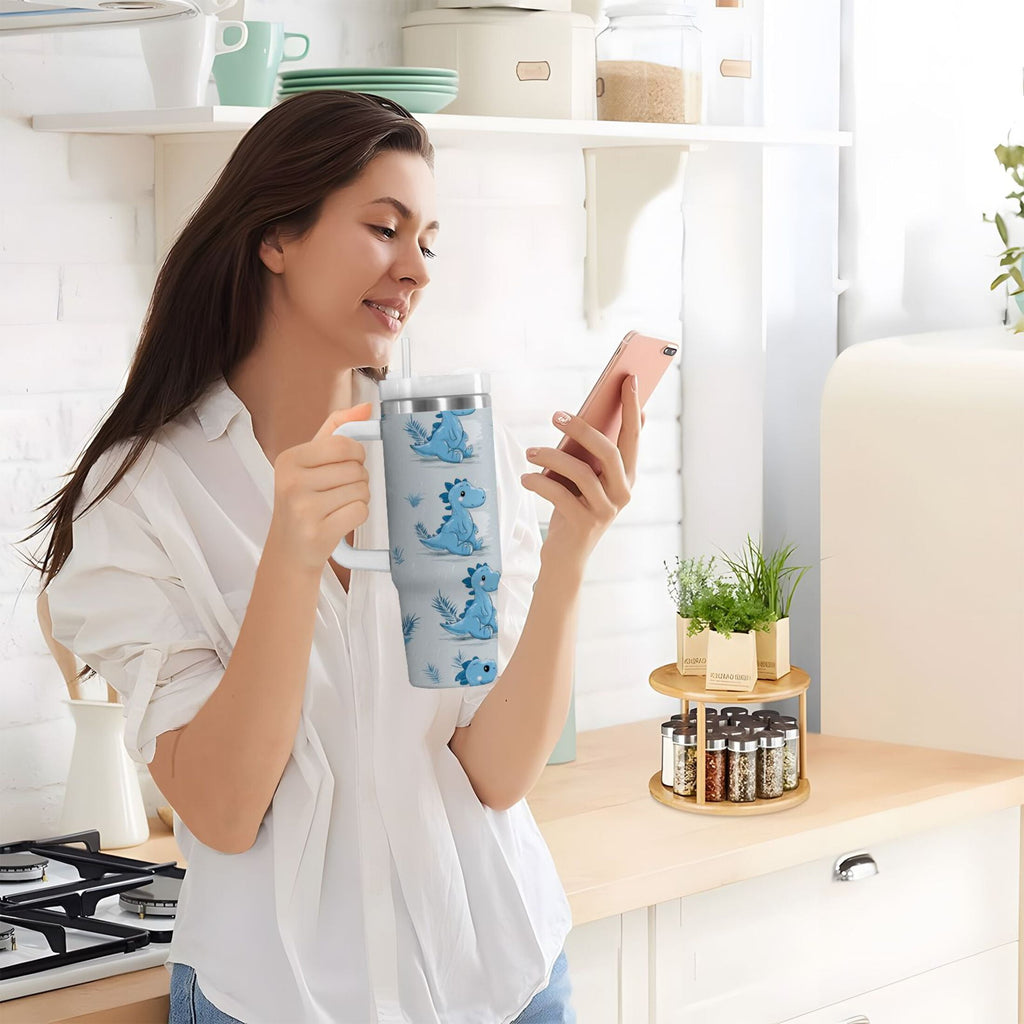 30 oz Insulated Stainless Steel Tumbler Double Wall Stainless Steel Tumbler with 2-Way Drinking Cartoon Blue Dinosaurs C495H