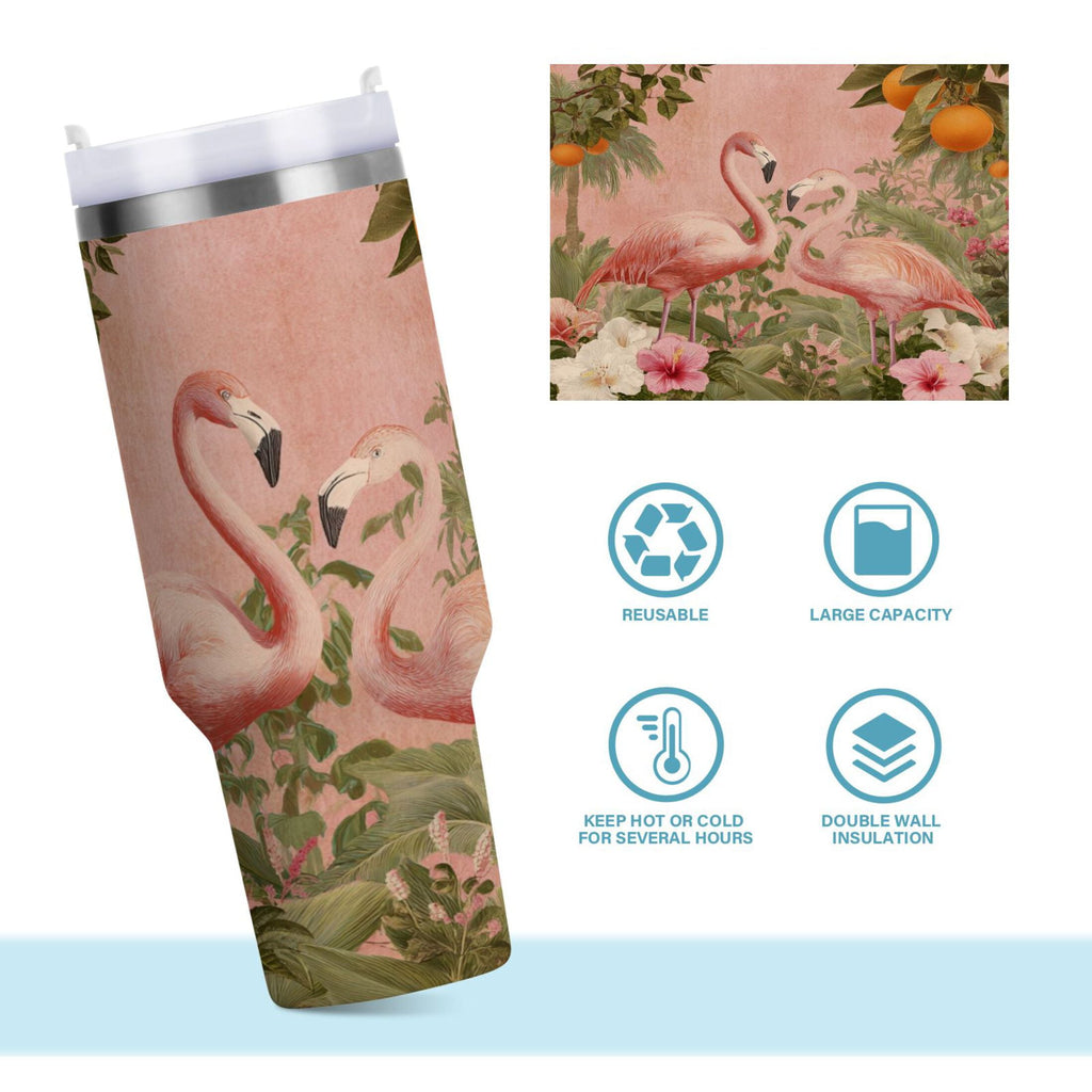 40 oz Insulated Stainless Steel Tumbler Double Wall Stainless Steel Tumbler with 2-Way Drinking Flamingos in Tropical Garden C666H