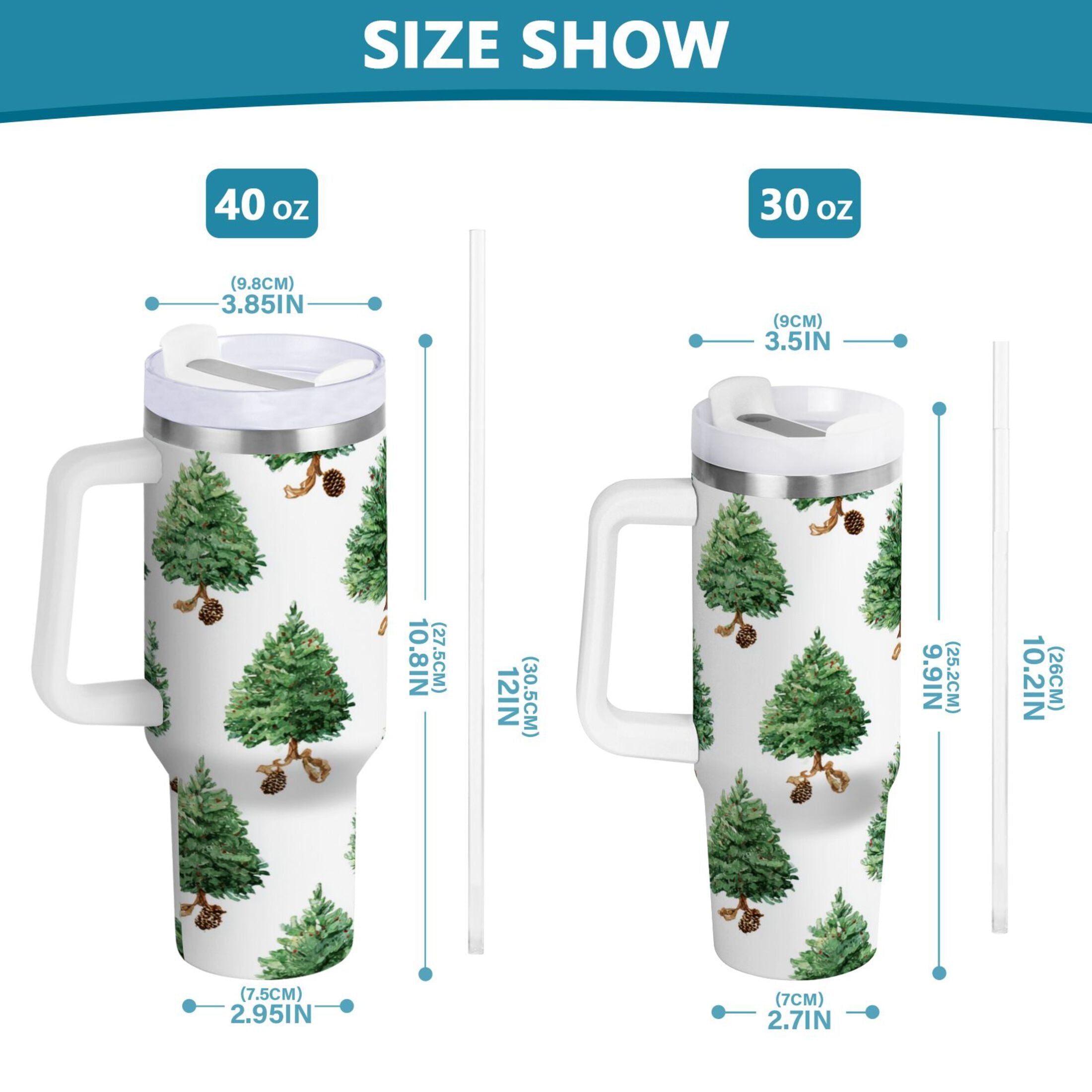 30 oz Insulated Stainless Steel Tumbler Double Wall Stainless Steel Tumbler with 2-Way Drinking Watercolor Green Christmas Tree C533S