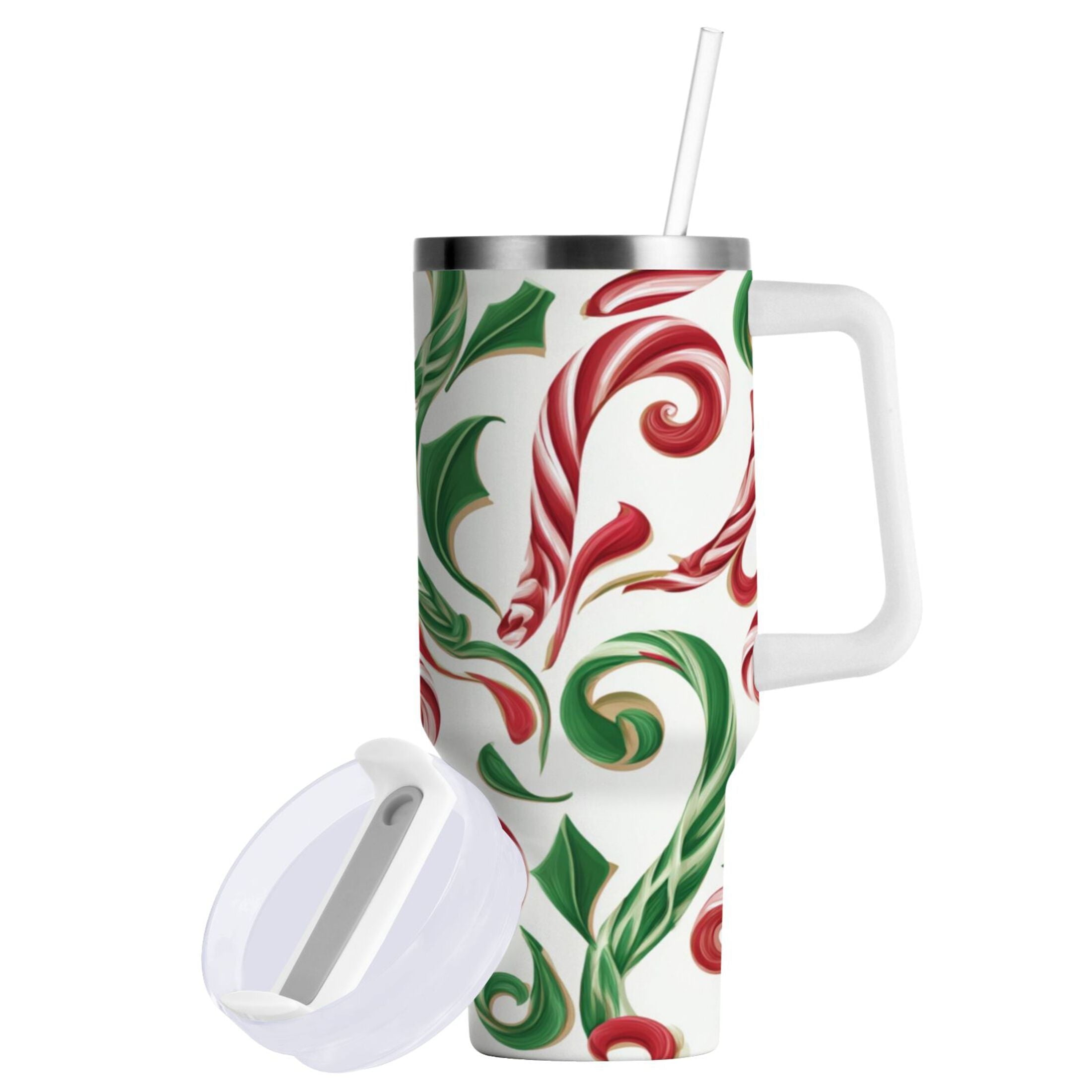 40 oz Insulated Stainless Steel Tumbler Double Wall Stainless Steel Tumbler with 2-Way Drinking Red and Green Candy-cane C573M