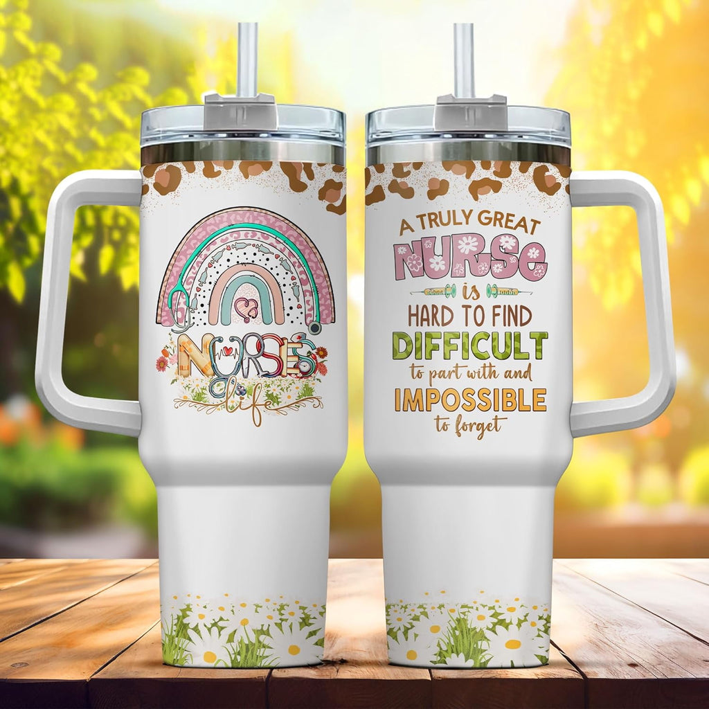 Tumbler 40 Oz With Handle Lid And Straw, Nurse Gifts, Black Camo White Engraved Print Travel Nurses Tumblers Handle Funny Cups Nursing For, Great Nurse Rainbow Daisy Flower C683A