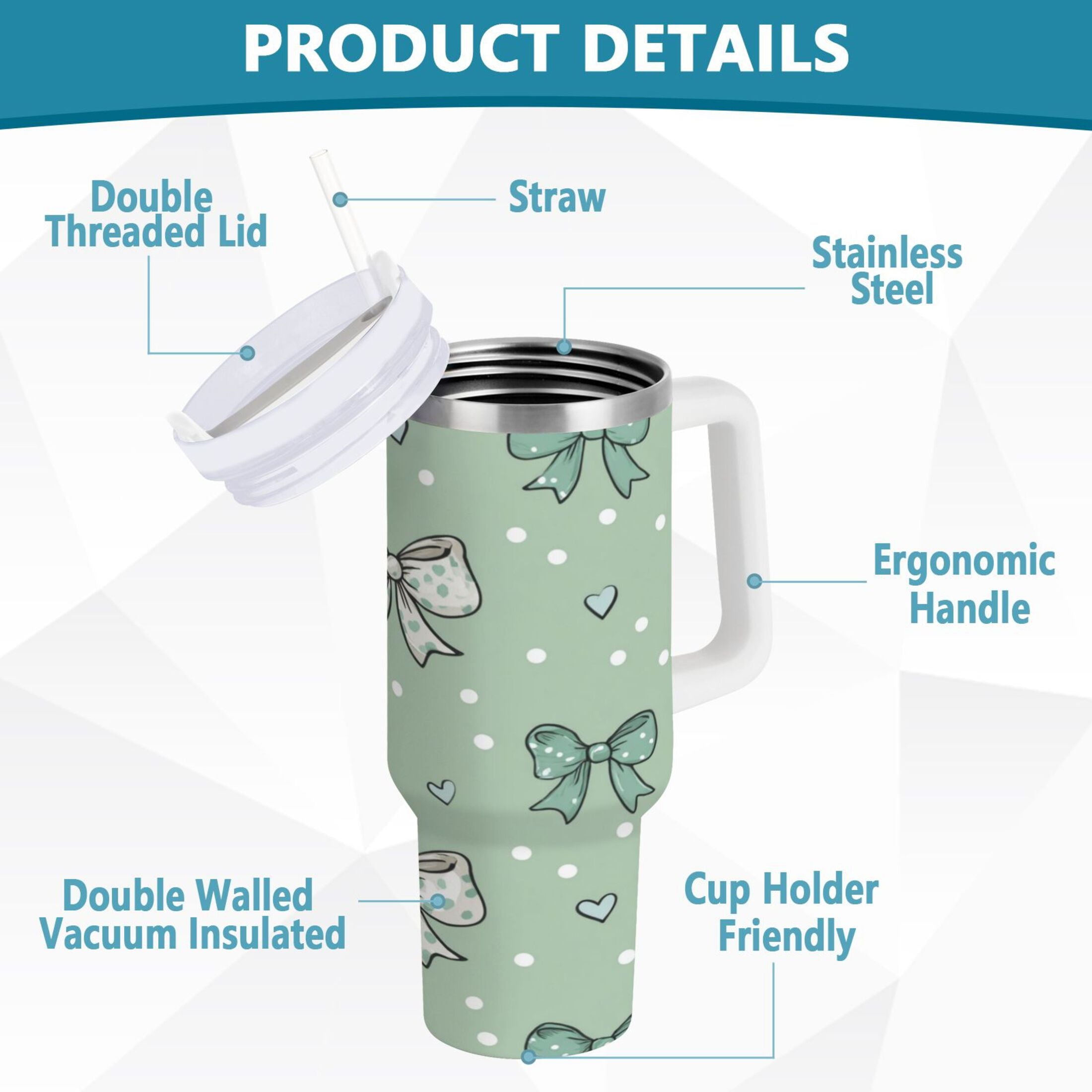 30 oz Insulated Stainless Steel Tumbler Double Wall Stainless Steel Tumbler with 2-Way Drinking Green and Mint Bows C559E