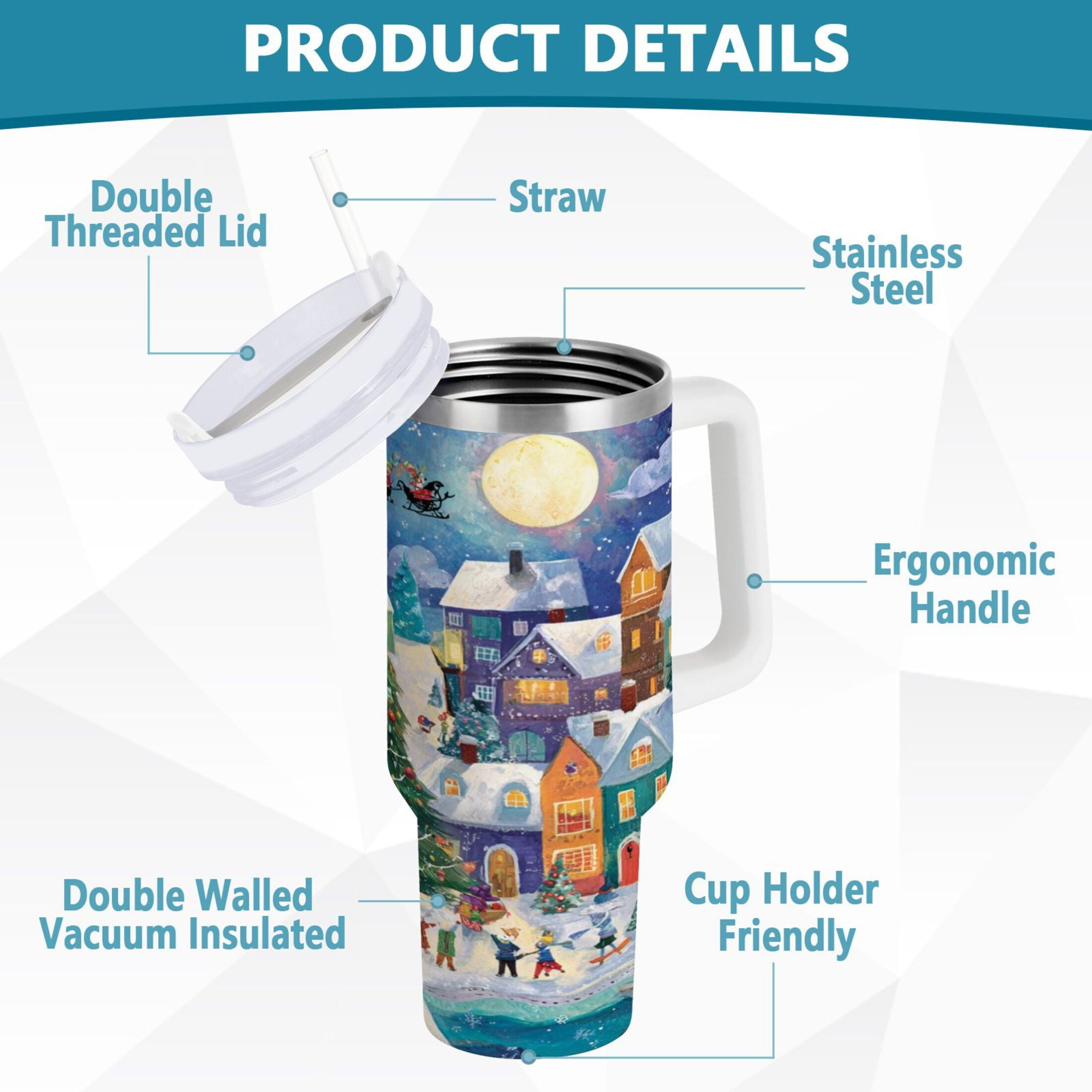 30 oz Insulated Stainless Steel Tumbler Double Wall Stainless Steel Tumbler with 2-Way Drinking Charming Christmas Scene C546M