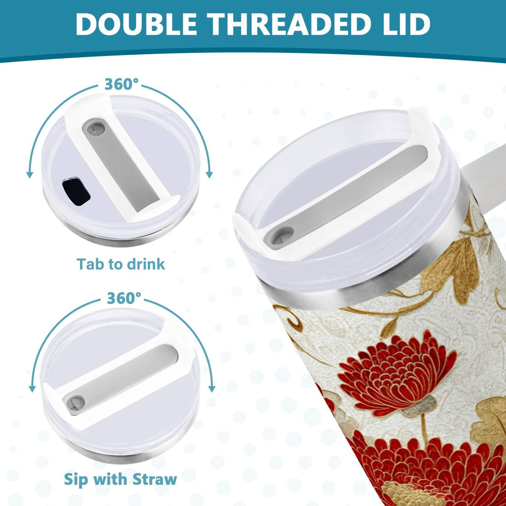 30 oz Insulated Stainless Steel Tumbler Double Wall Stainless Steel Tumbler with 2-Way Drinking Red Chrysanthemum Pattern C676E
