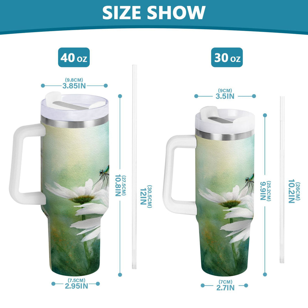 30 oz Insulated Stainless Steel Tumbler Double Wall Stainless Steel Tumbler with 2-Way Drinking Beautiful Dragonflies and Daisies C638S