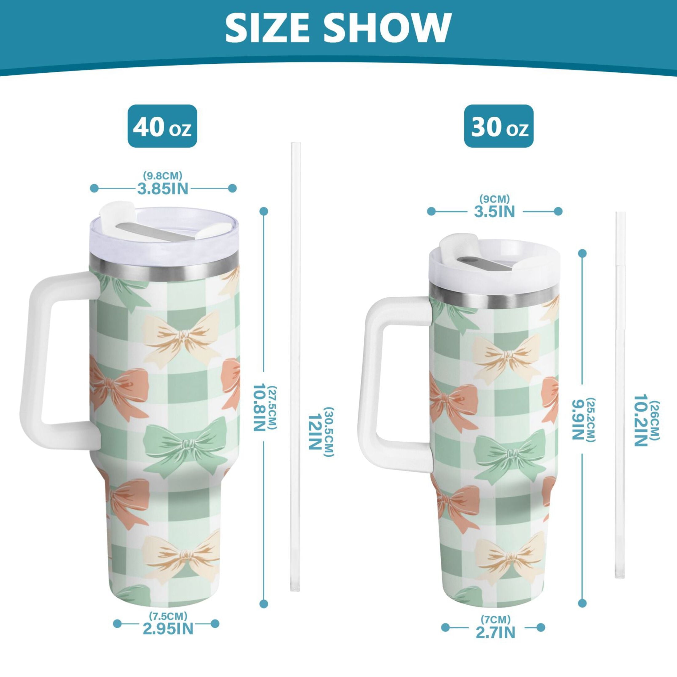 40 oz Insulated Stainless Steel Tumbler Double Wall Stainless Steel Tumbler with 2-Way Drinking Green and Peach Bow Pattern C544E