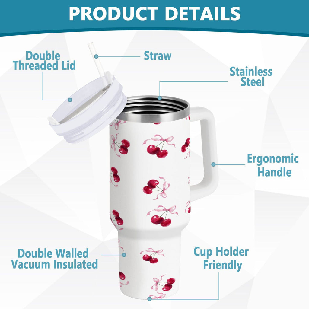 30 oz Insulated Stainless Steel Tumbler Double Wall Stainless Steel Tumbler with 2-Way Drinking Watercolor Cherries Pattern C604S
