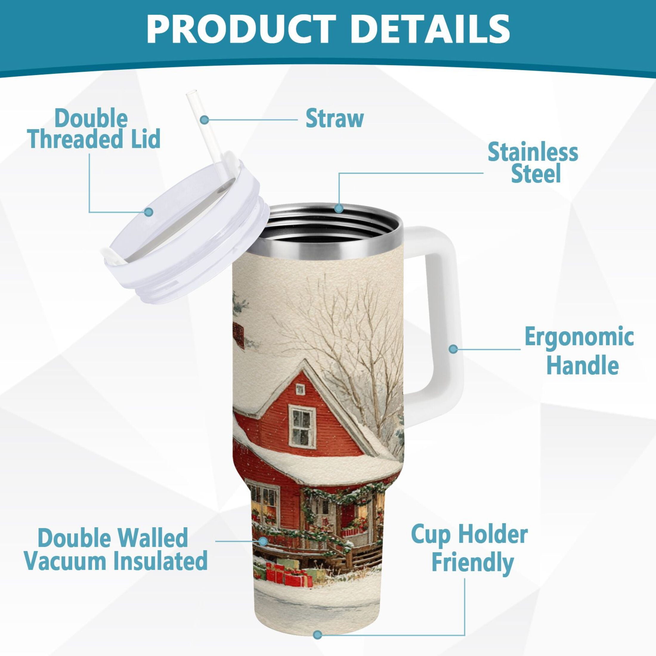 40 oz Insulated Stainless Steel Tumbler Double Wall Stainless Steel Tumbler with 2-Way Drinking House with Snow-covered Roof C674D